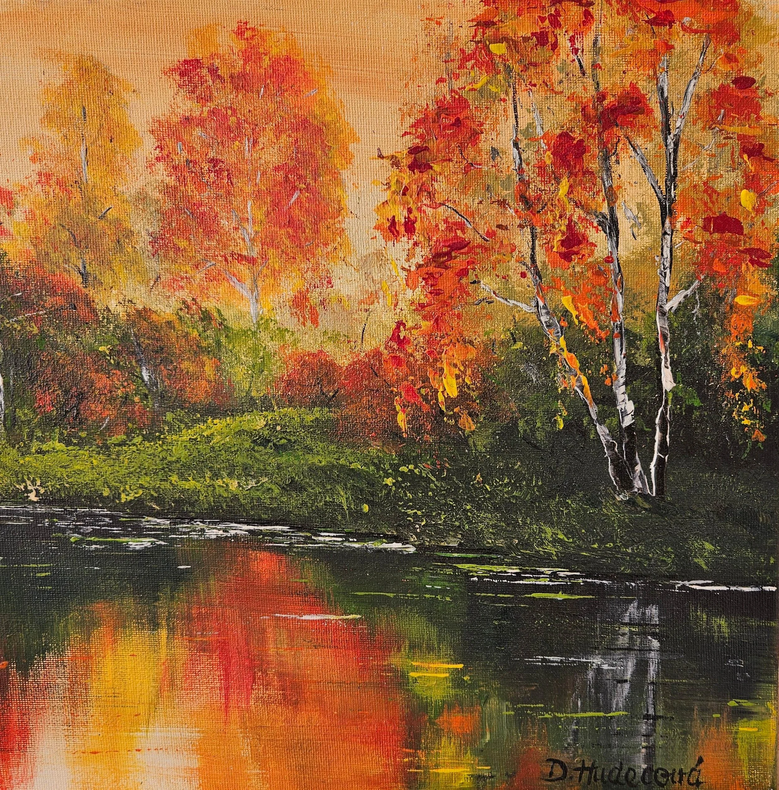 Oranžová jeseň pri vode. Farebné lístie, stromy, jazero. Ručne maľovaný obraz.