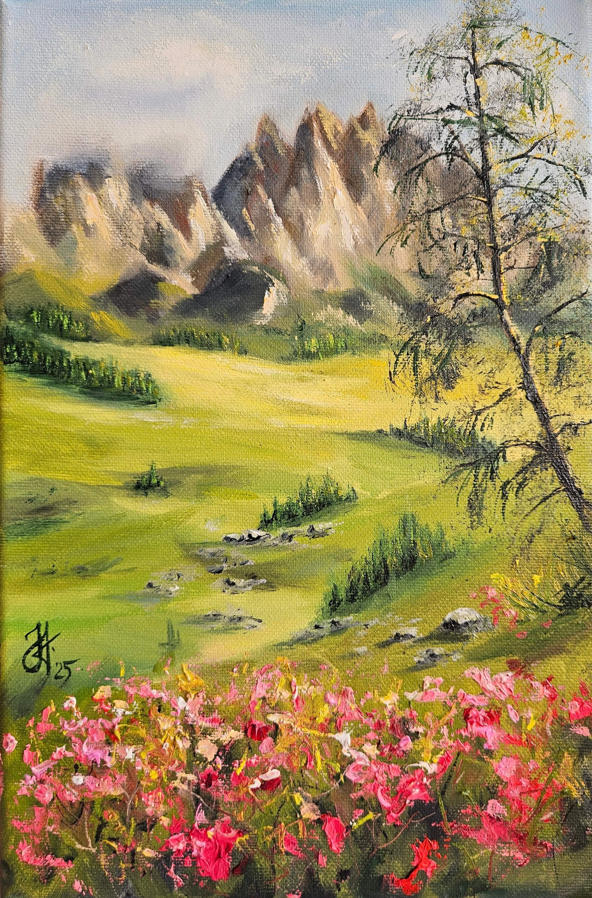 Talianske Dolomity v lete. Ručne maľovaný obraz na predaj.