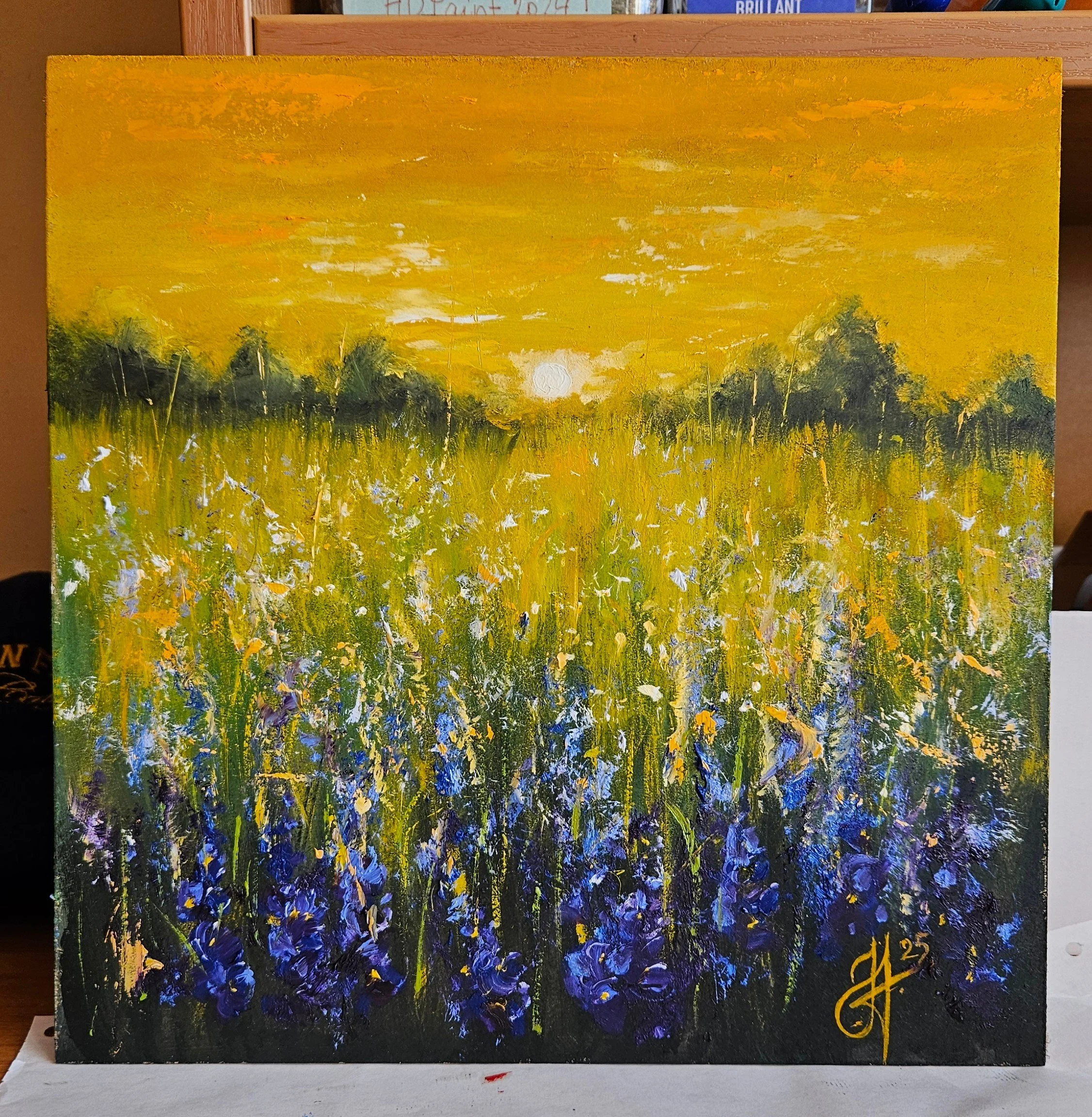 Večer na letnej lúke. Západ slnka,  lúka, stromy. Ručne maľovaný obraz na predaj.