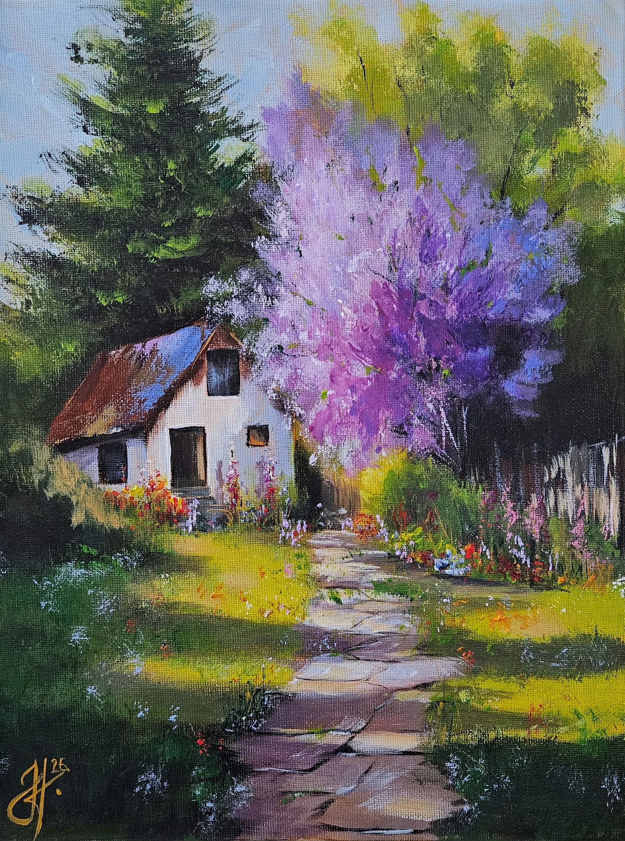 Domček v prírode. Orgován, chalúpka, letný deň na vidieku. Ručne maľovaný obraz na predaj.