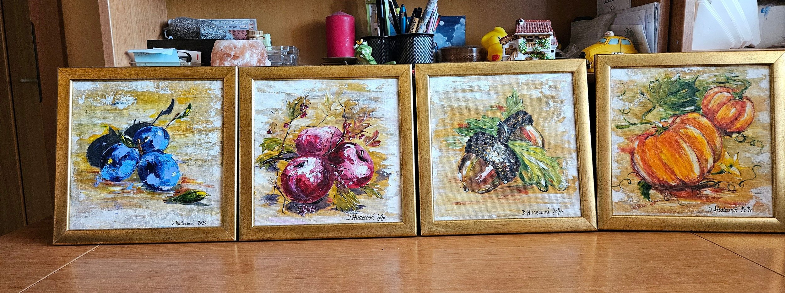Červené jablká. Ručne maľovaný obraz na plátne, na predaj. Zarámovaný v zlatom ráme.