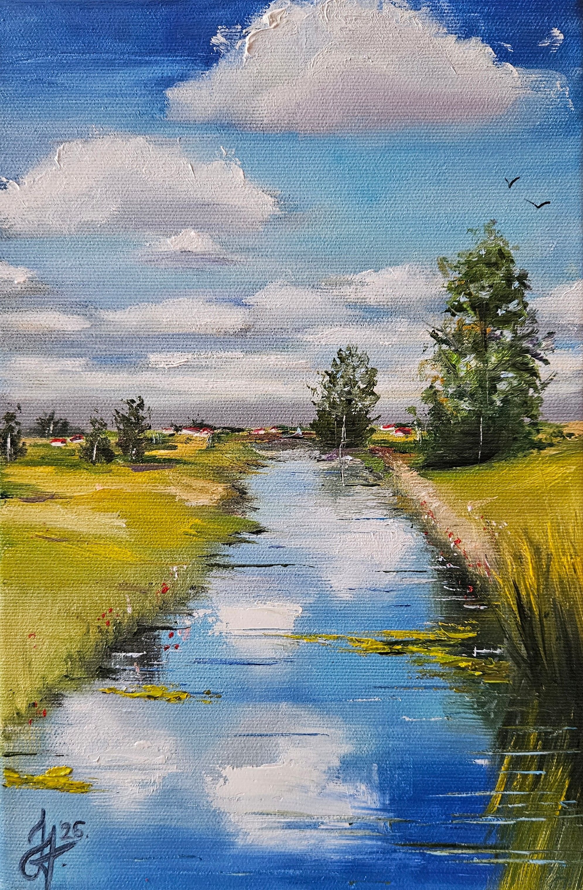 Letný deň v prírode pri vode. Lúky, stromy, jazero. Ručne maľovaný obraz na predaj.