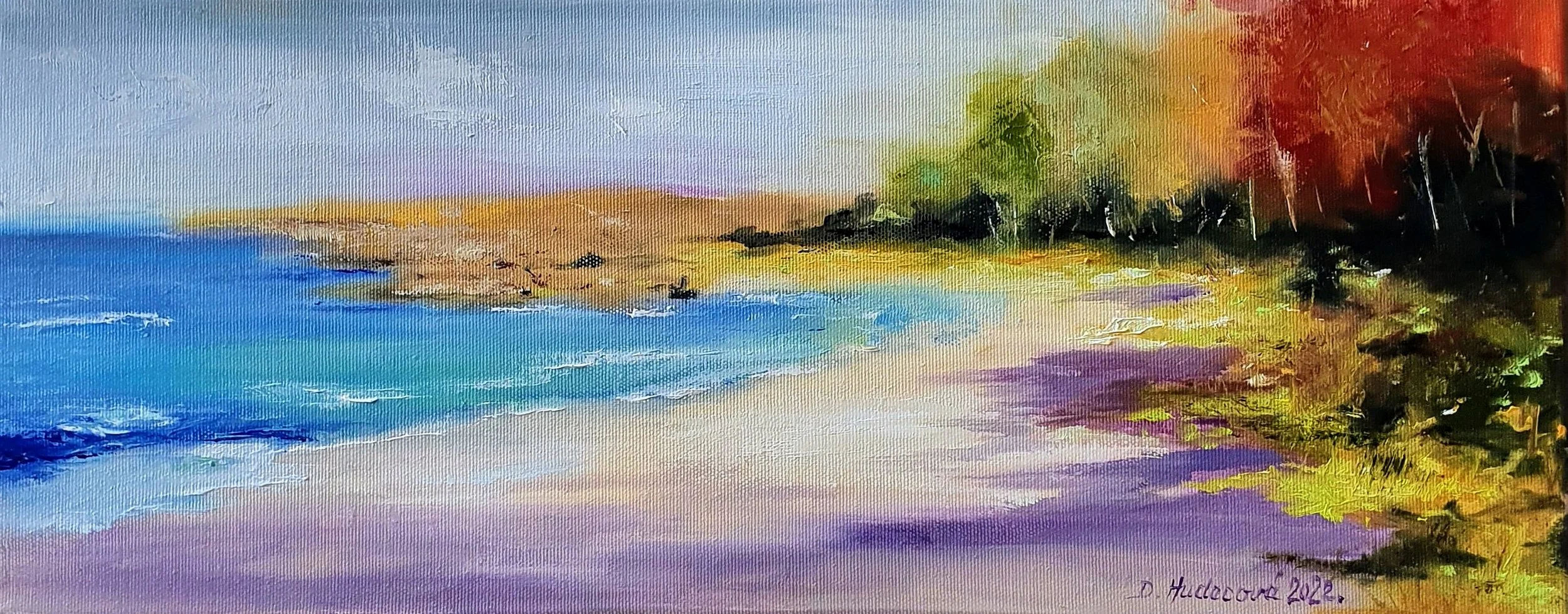 Obraz maľovaný olejom na plátne. Morské pobrežie uprostred leta. Slnko, voda, relax, exotická dovolenka.