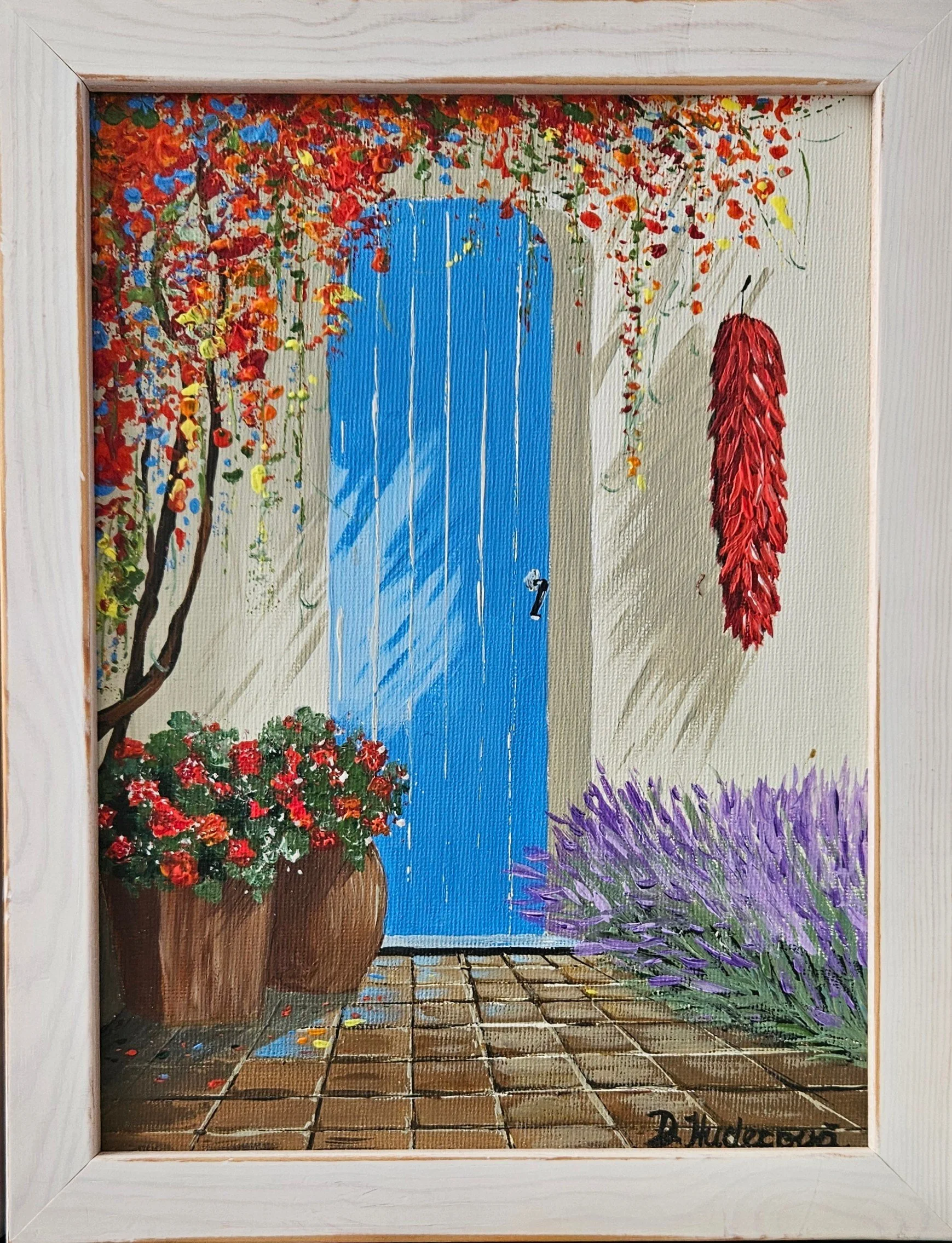 Dvere na priedomí niekde na juhu. Slnečný deň, tiene kvetov. Ručne maľovaný obraz na predaj. Zarámovaný.