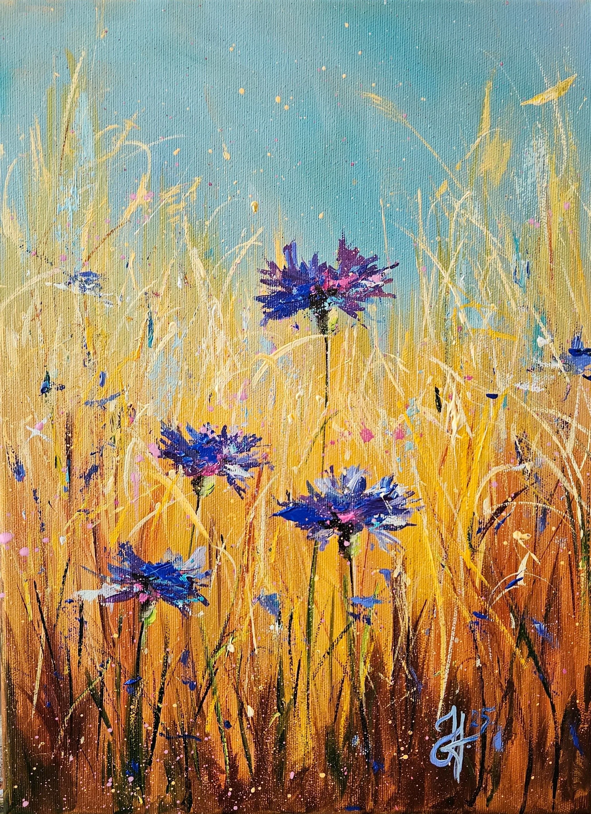 Nevädze v obilí uprostred leta. Ručne maľovaný obraz na predaj.