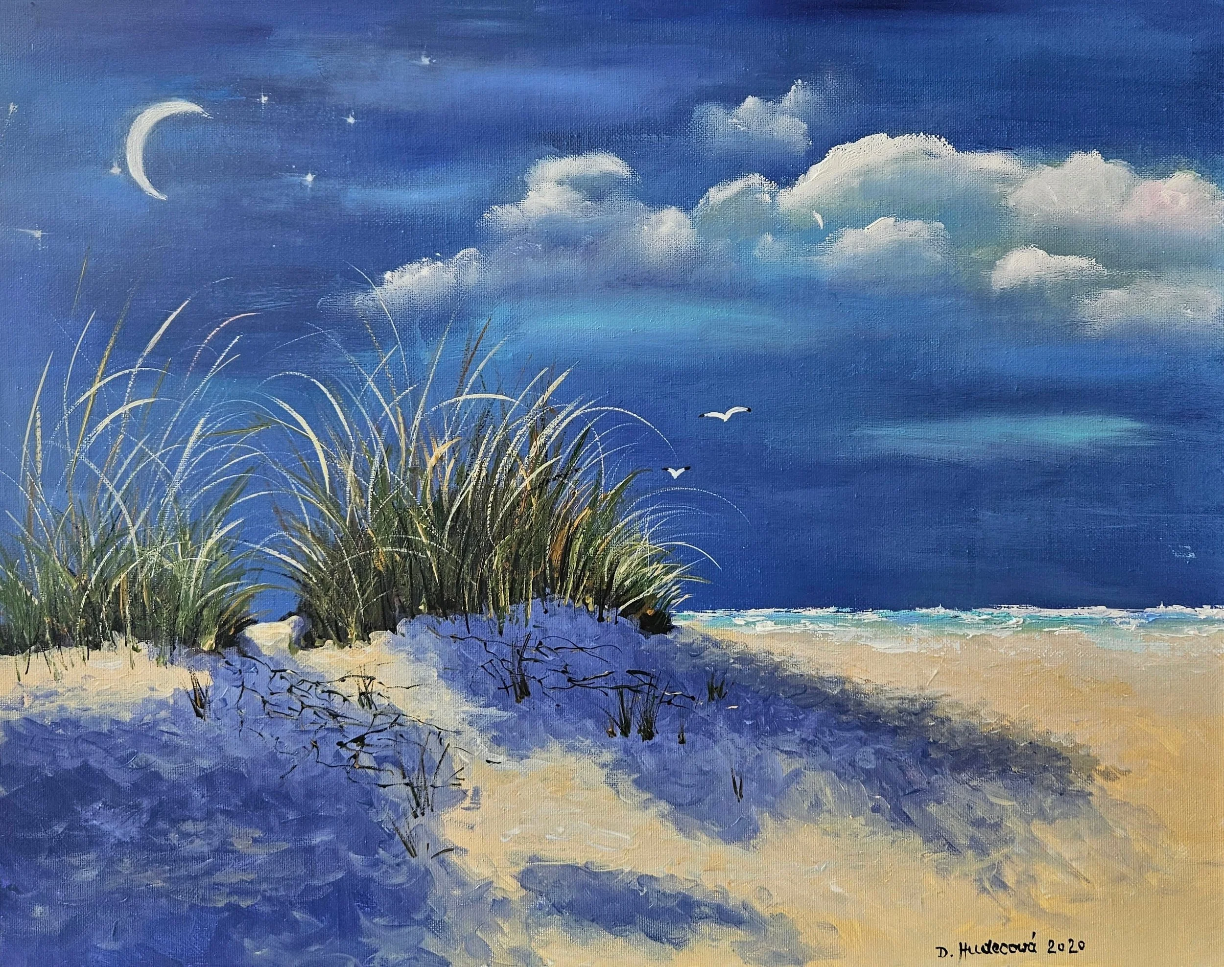 Morské piesočné pobrežie s trávou a tieňmi v mesačnom svite. Obraz maľovaný akrylom a olejom na doske.