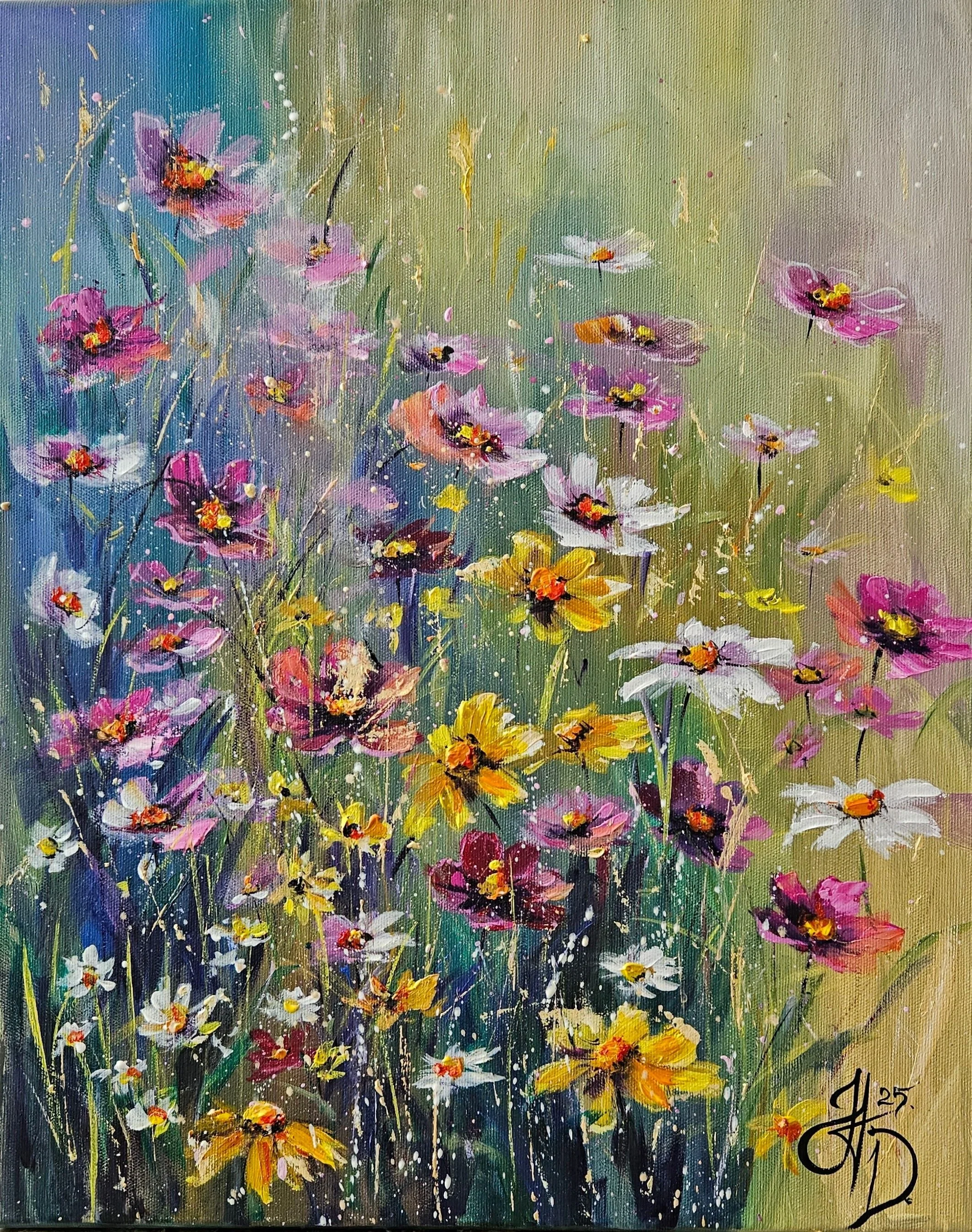 Krasule na letnej lúke. Lúčne kvety.  Ručne maľovaný obraz na predaj.