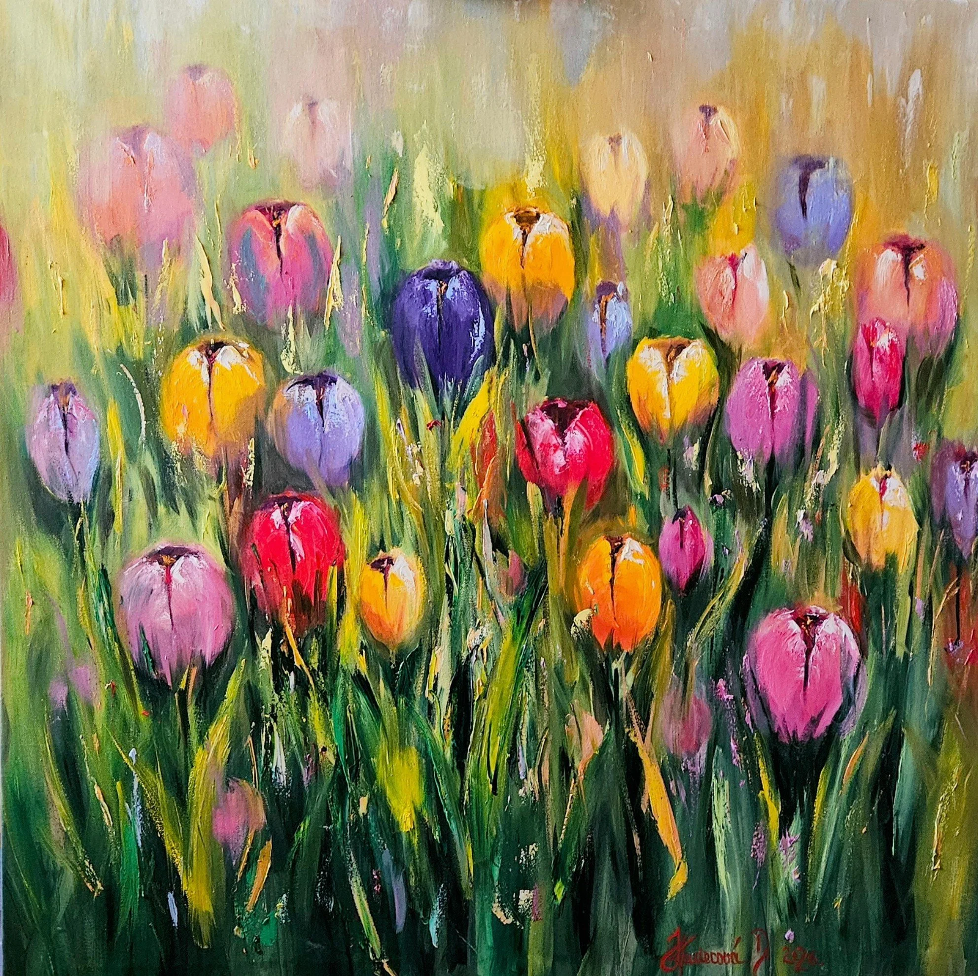 Obraz "Tulipány v záhrade"- rozmer 100x100 cm
