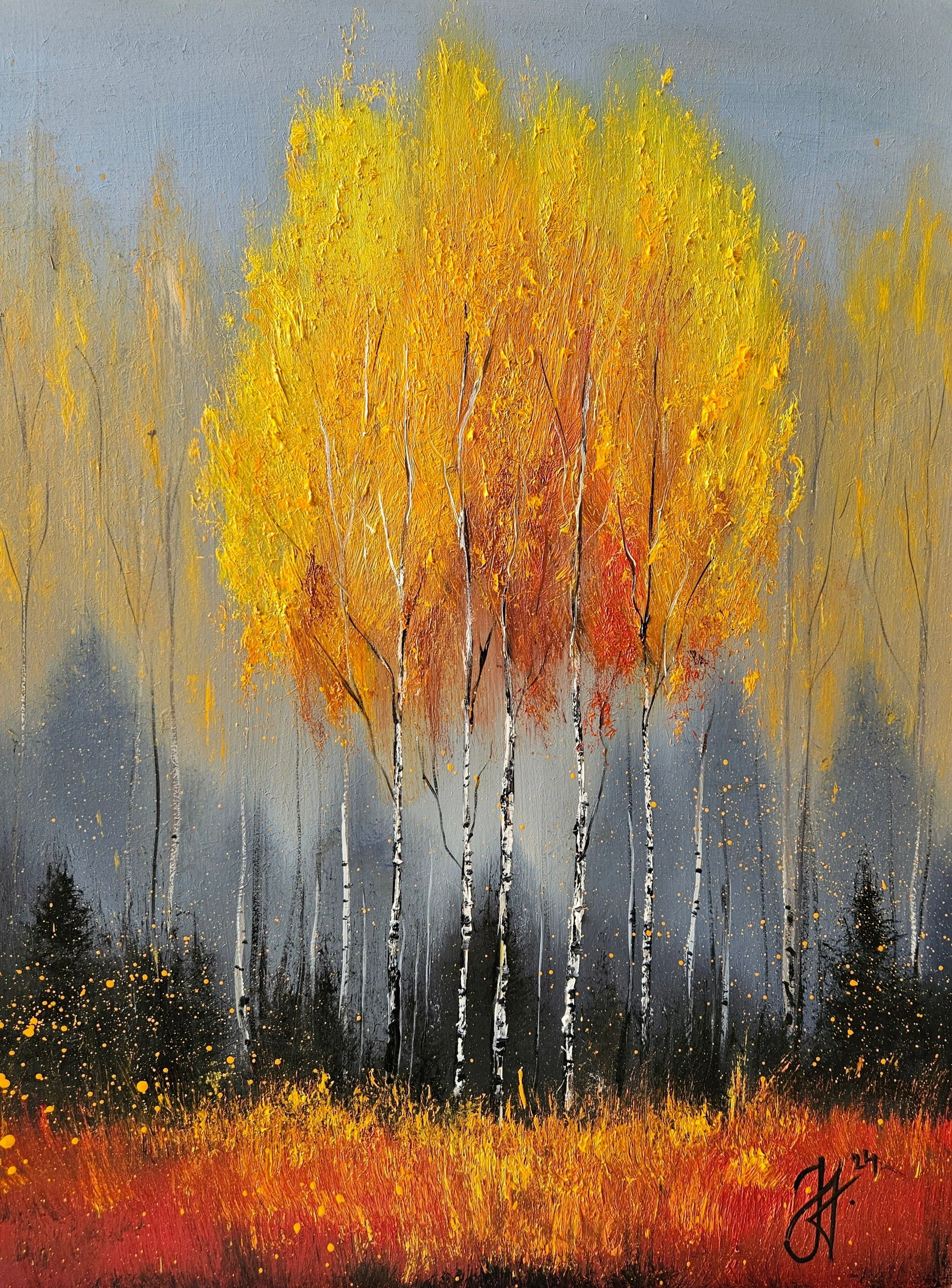 Brezy na jeseň. Ručne maľovaný obraz s jesennou prírodou.