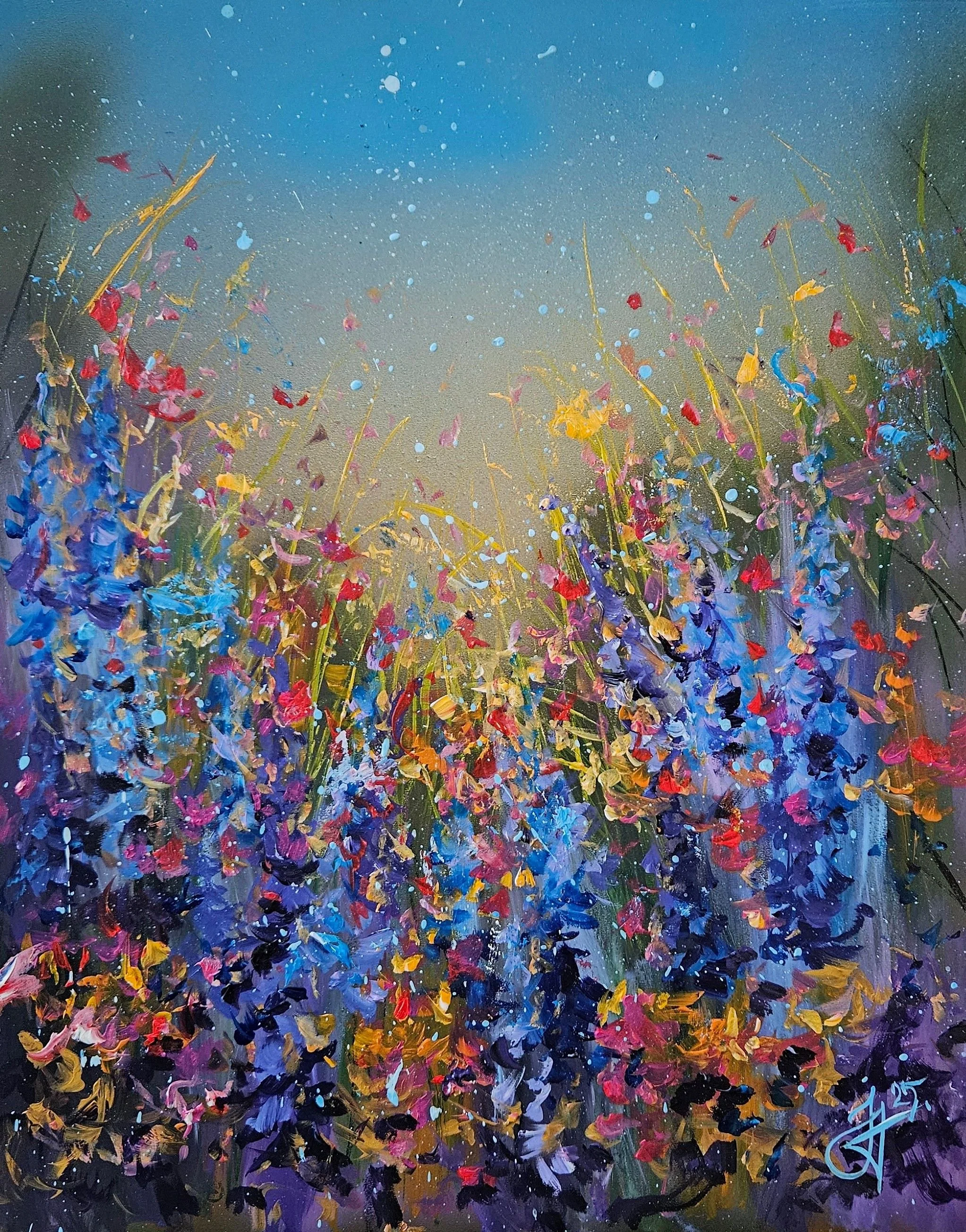 Lúka s kvetmi pri západe slnka. Lúčne kvety. Ručne maľovaný obraz na predaj.