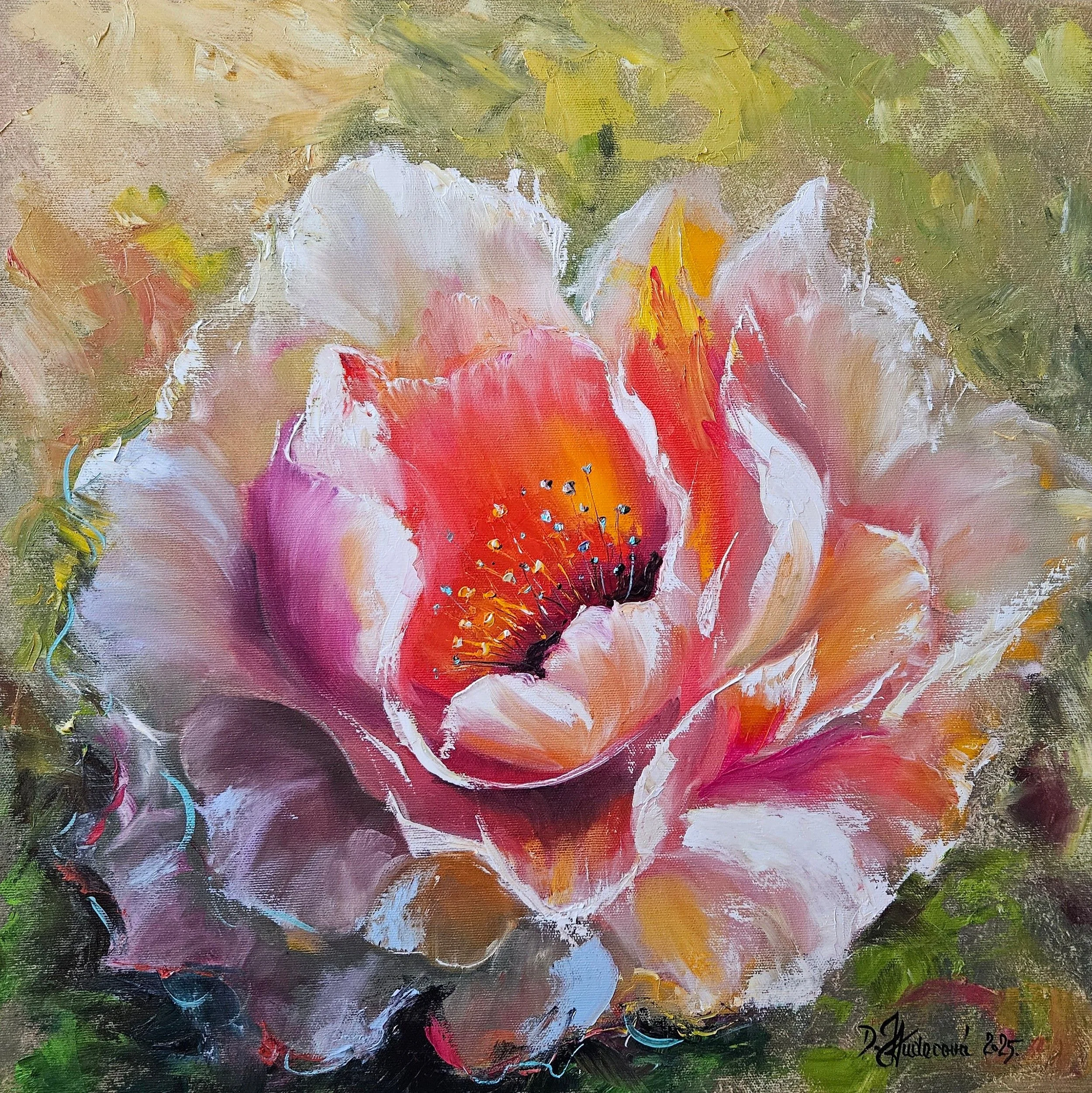 Veľký kvet ružovej pivónie. Moderná maľba. Ručne maľovaný obraz na predaj. Peony.