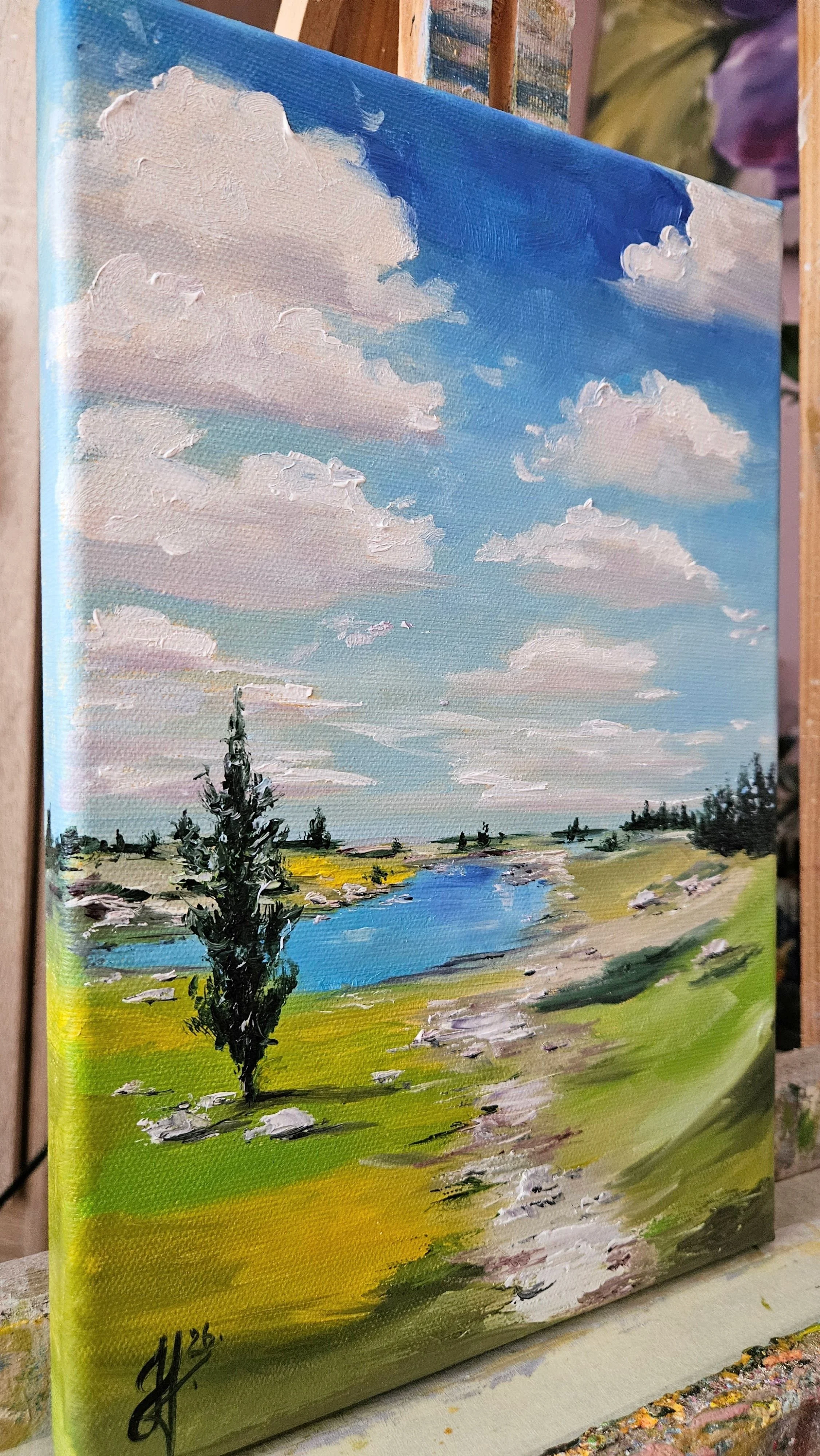 Letný deň v prírode. Jazero v údolí. Ručne maľovaný obraz na predaj.