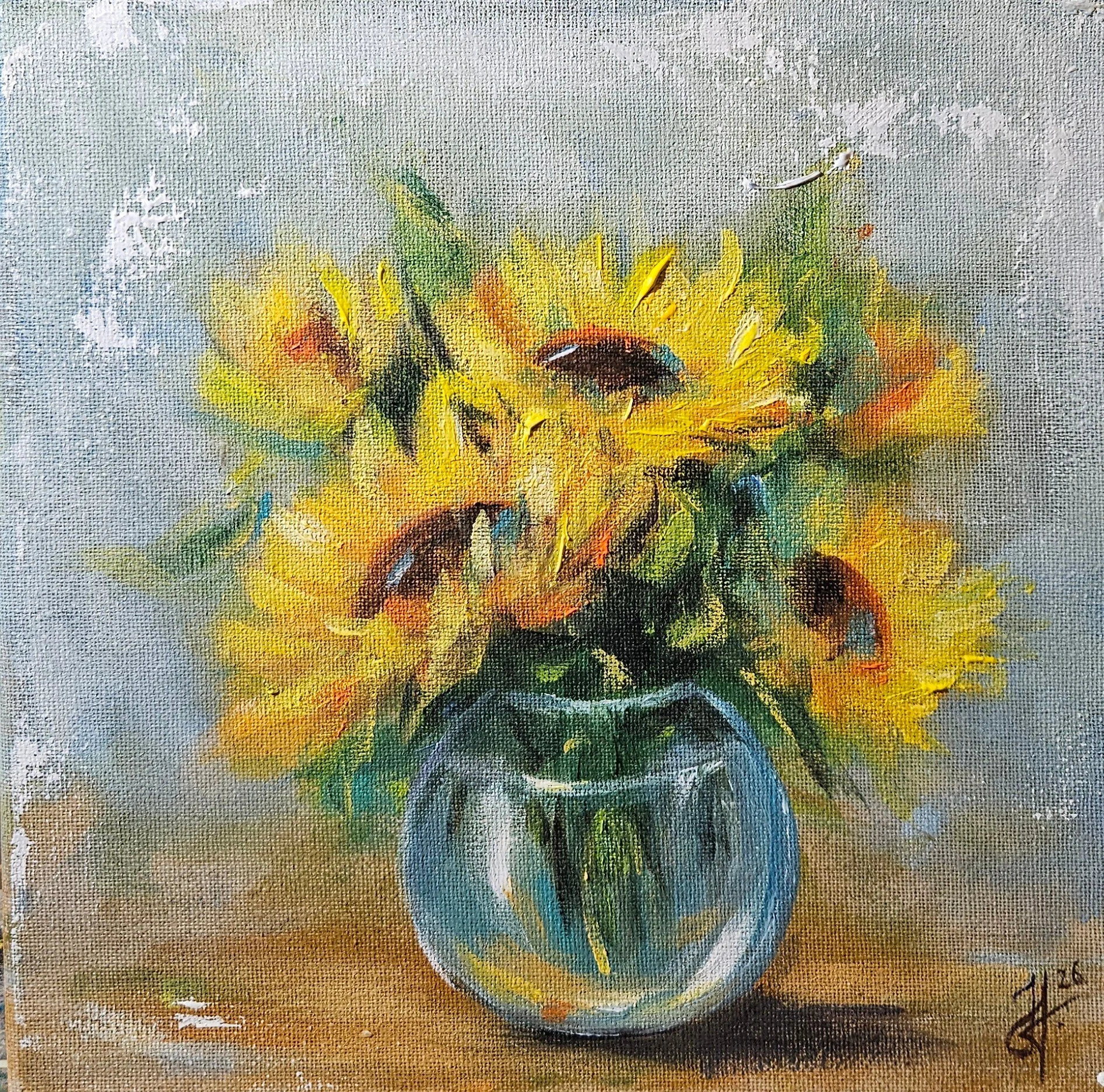 Slnečnice vo váze. Zátišie s kvetmi. Vintage obraz s kvetmi. Ručne maľovaný obraz na predaj.
