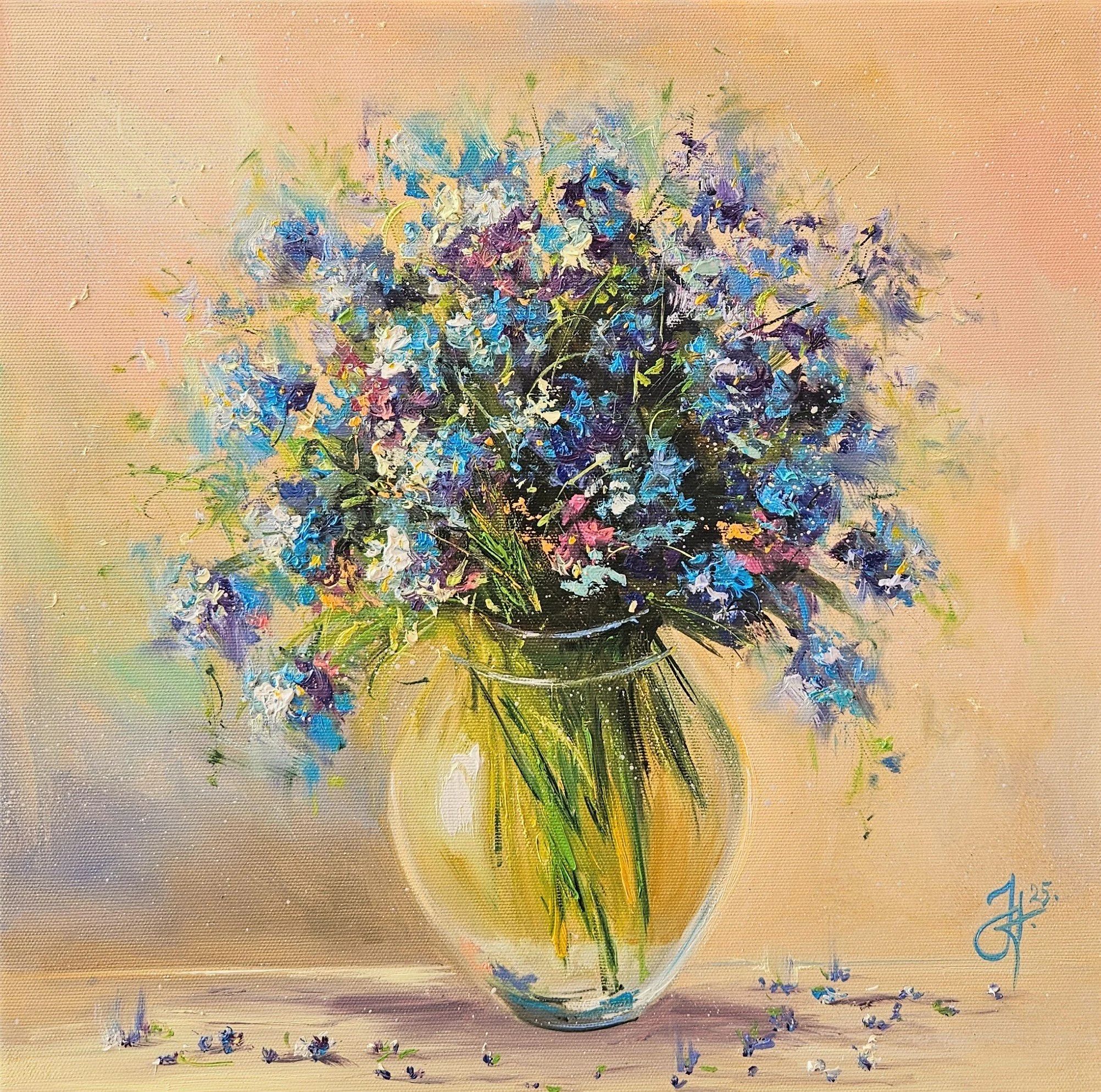 Nezábudky vo váze. Zátišie s lúčnymi kvetmi. Ručne maľovaný obraz na predaj. Forget-me-nots.