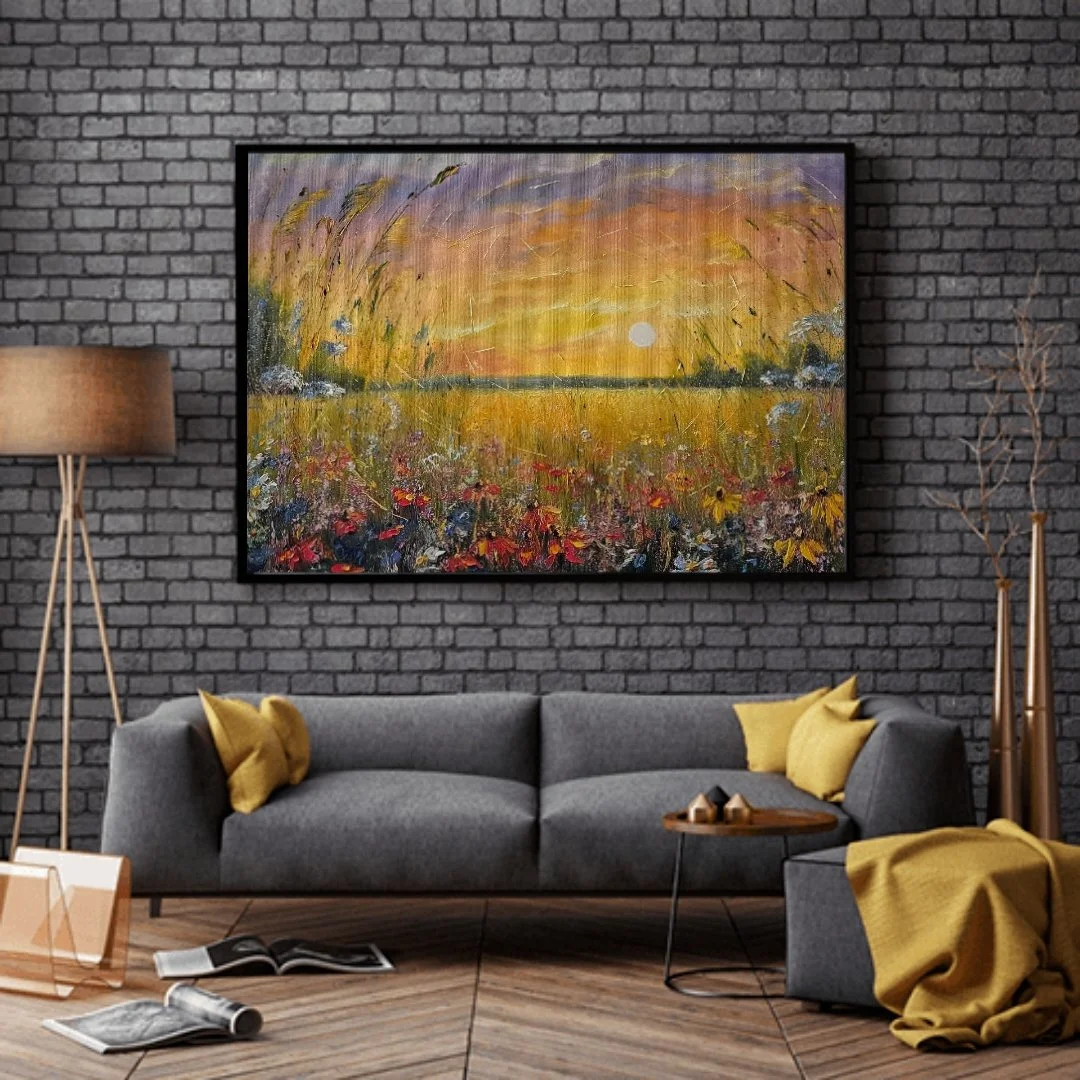 Večer na lúke. Príroda,  kvety, západ slnka. Ručne maľovaný obraz na predaj.