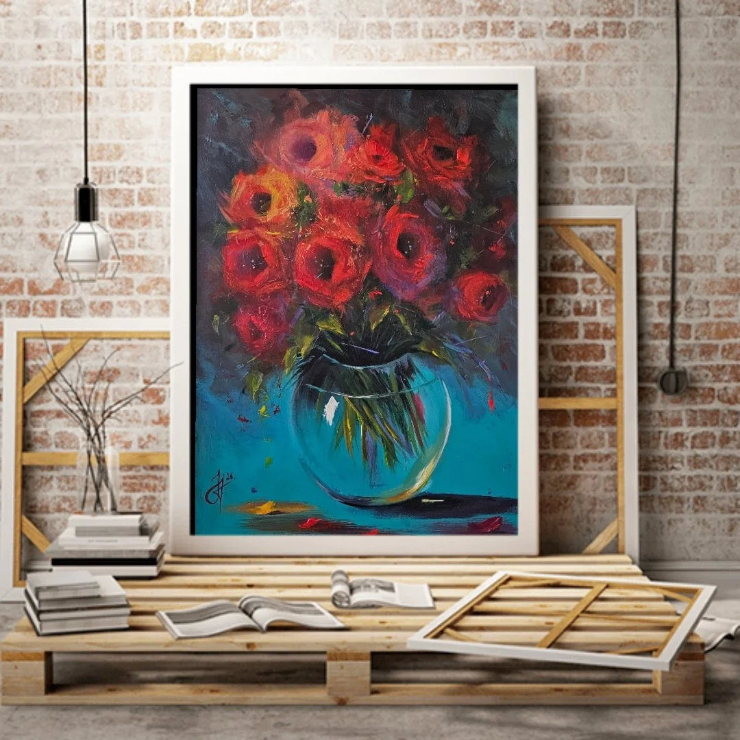 Červené ruže na tyrkysovom pozadí. Kvety vo váze. Zátišie s kvetmi. Ručne maľovaný obraz na predaj. Roses.