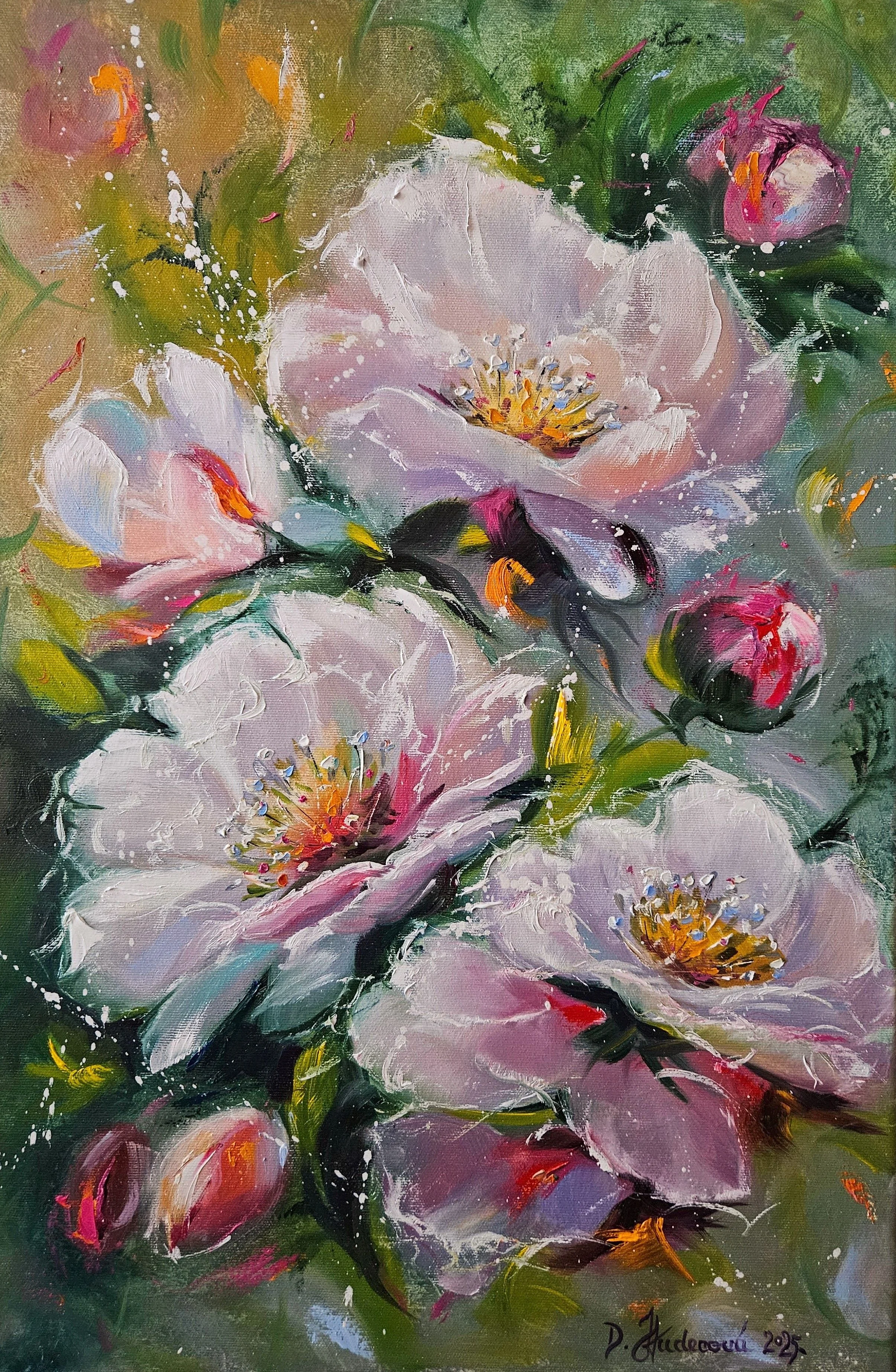 Veľké jarné ružové kvety na zelenom pozadí. Olejomaľba na plátne. Moderný obraz s kvetmi.