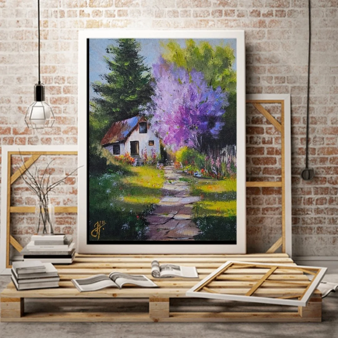 Domček v prírode. Orgován, chalúpka, letný deň na vidieku. Ručne maľovaný obraz na predaj.