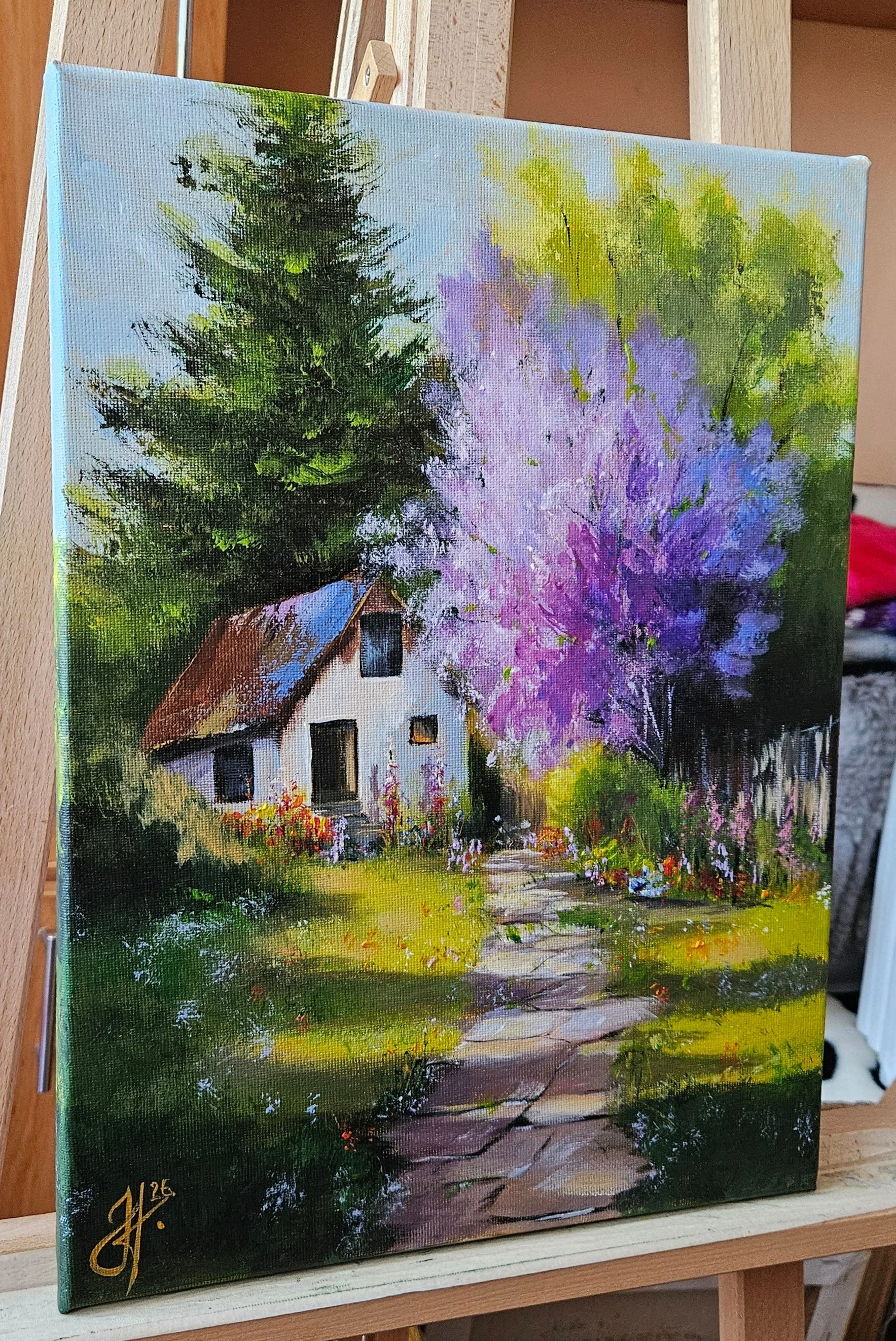 Domček v prírode. Orgován, chalúpka, letný deň na vidieku. Ručne maľovaný obraz na predaj.