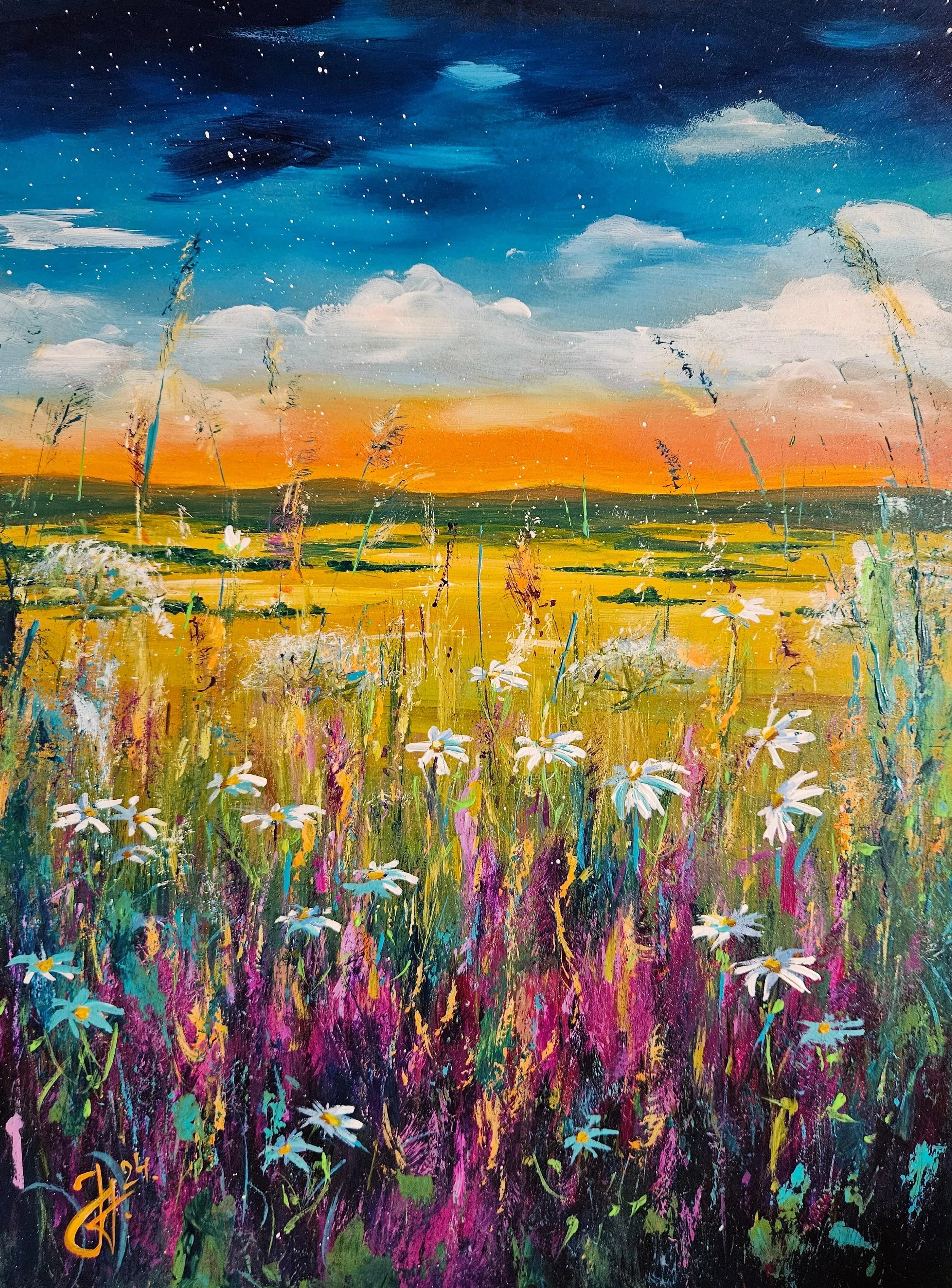 Večer v prírode na letnej lúke uprostred kvetov.