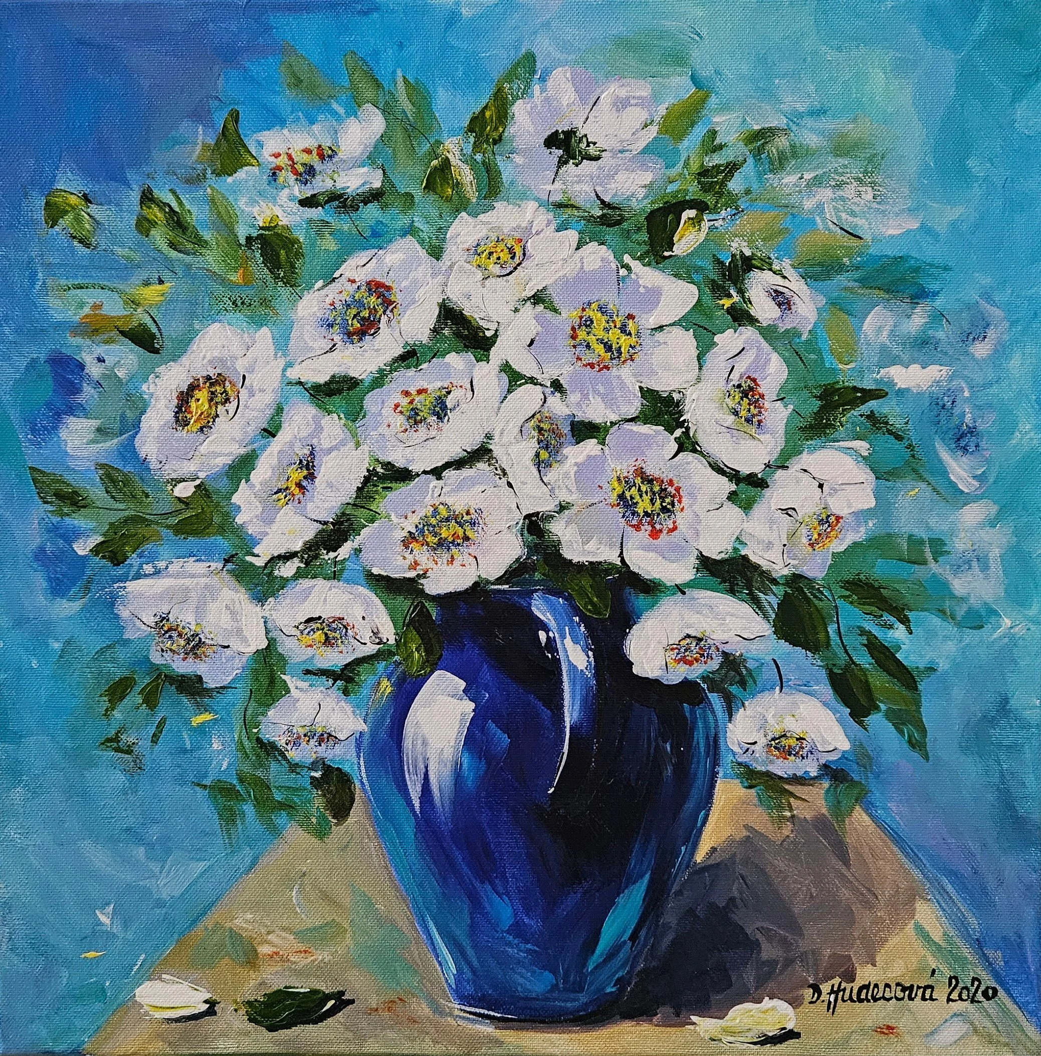 Obraz "Biele kvety v modrej váze" - 40x40cm