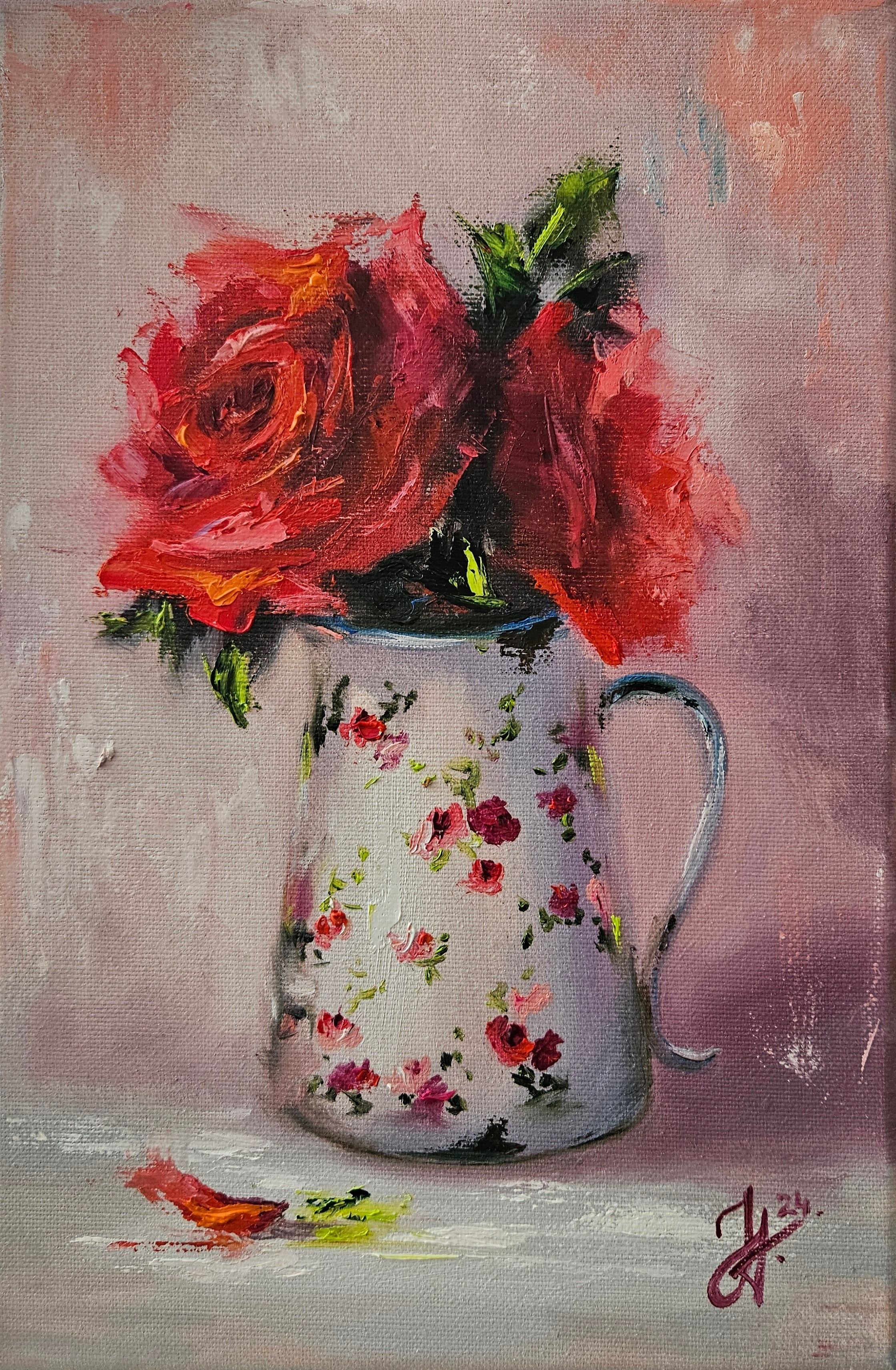 Červené ruže v maľovanom džbáne. Vintage ručne maľovaný obraz.