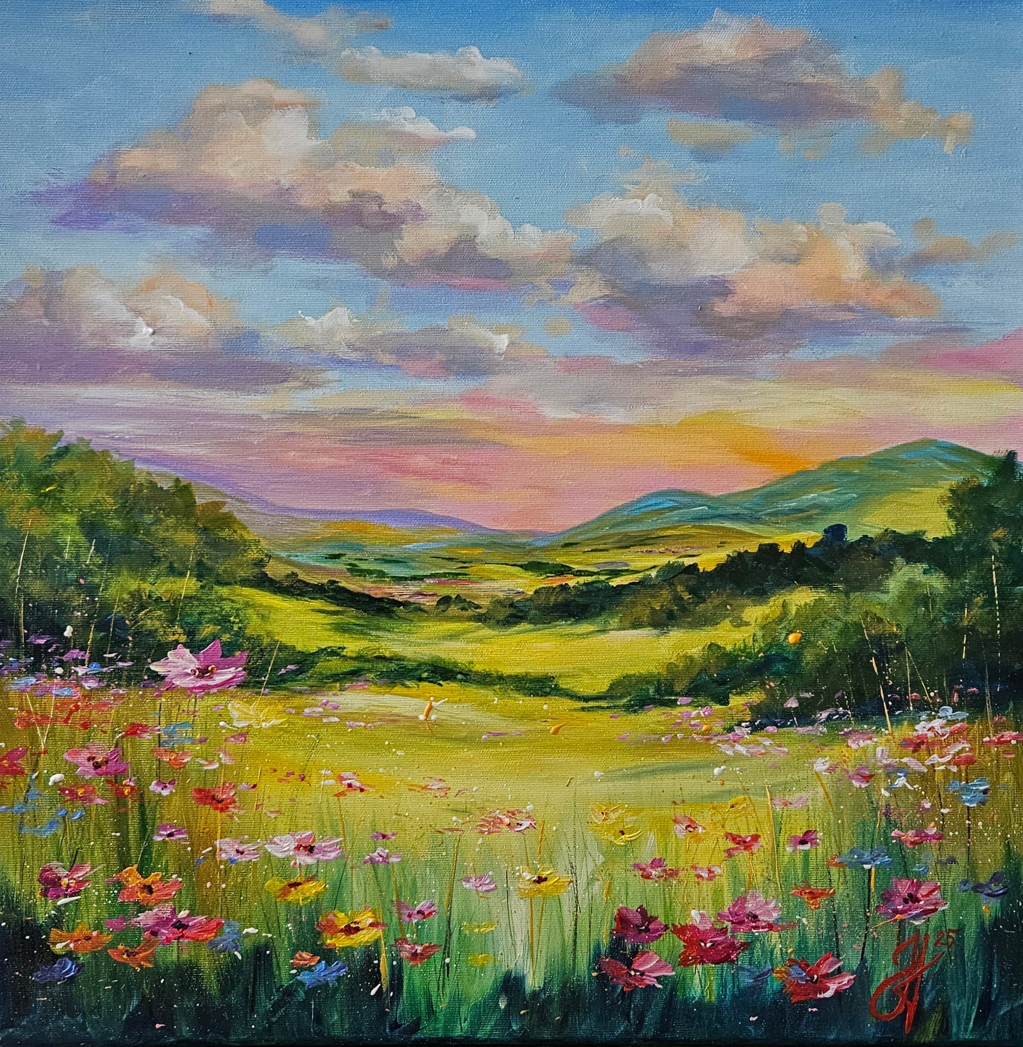 Letné slnečné údolie s poľnými kvetmi. Príroda, lúky, lesy,  kvety. Ručne maľovaný obraz na predaj.
