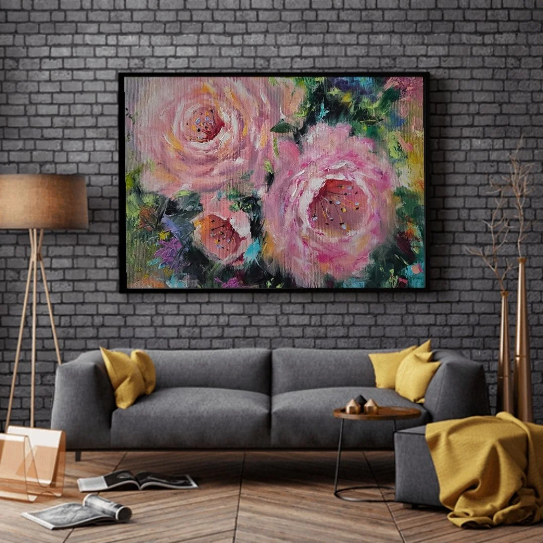 Ružové pivónie v záhrade. Peony. Ručne maľovaný obraz na predaj.