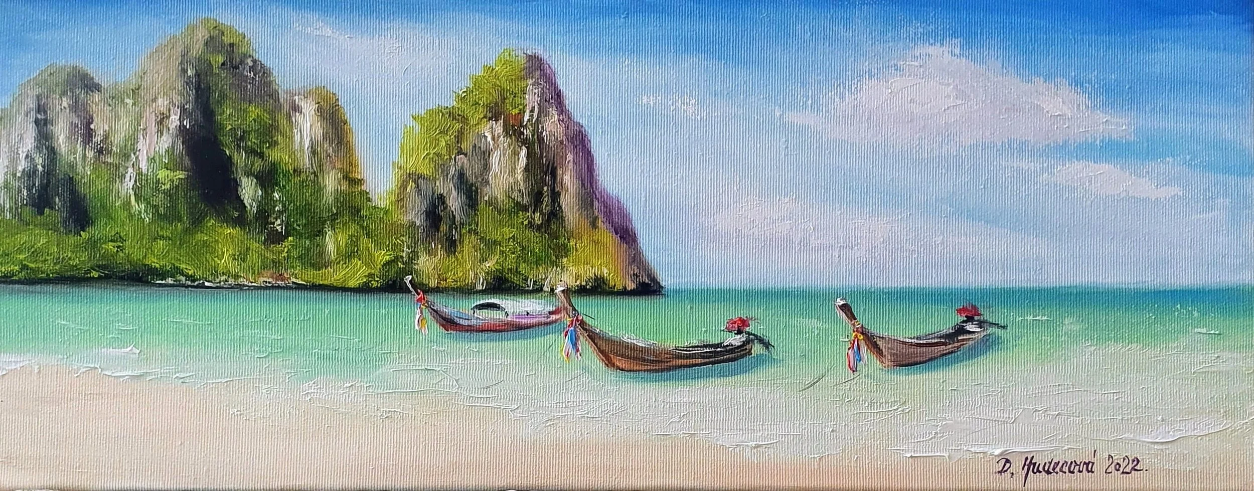 Obraz maľovaný olejom na plátne. Morské pobrežie uprostred leta. Slnko, voda, relax. Spomienky na Thajsko. Kryštálovo priezračná voda, loďky.
