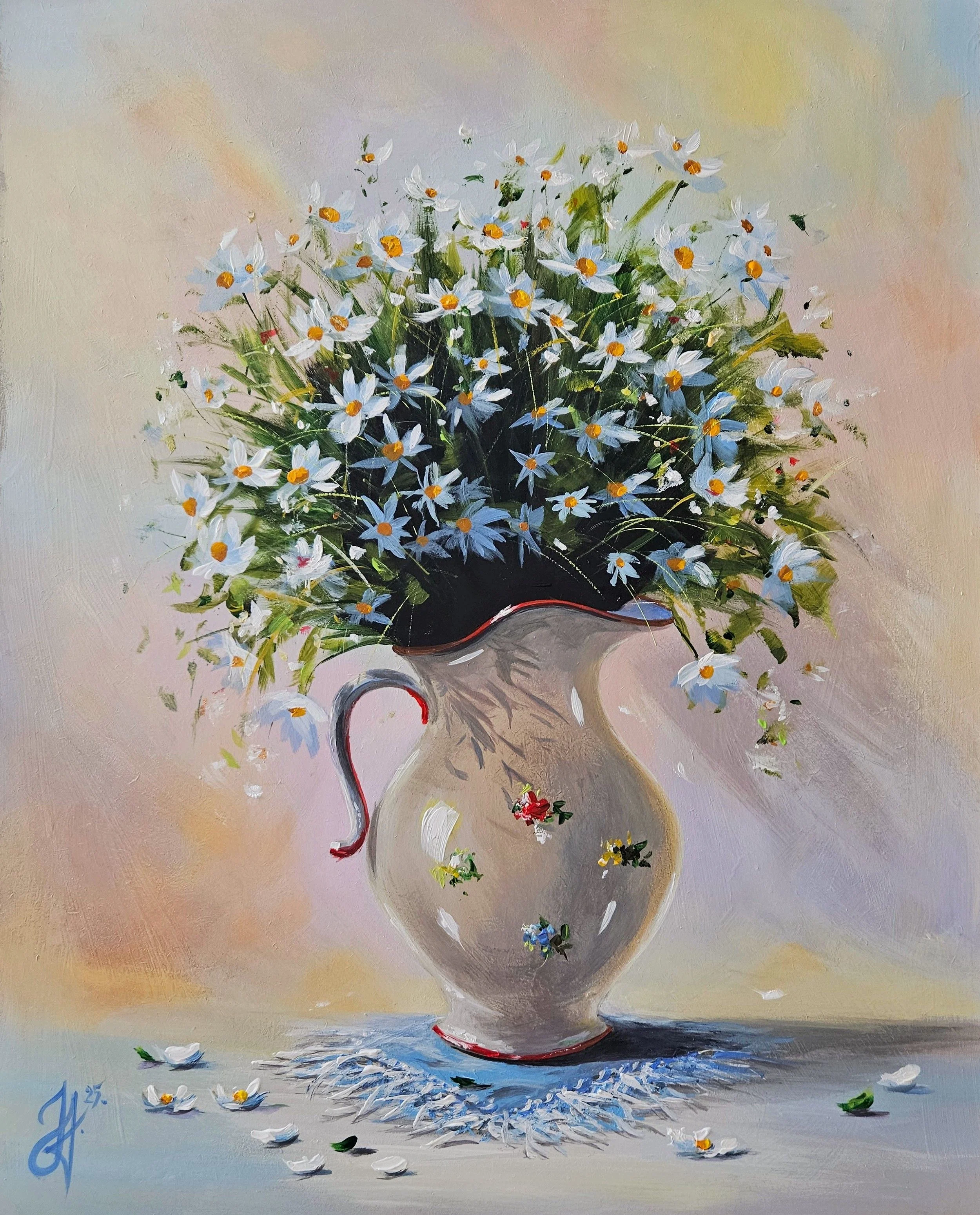 Lúčne kvety v maľovanom džbáne.  Zátišie s  poľnými kvetmi. Vintage štýl. Ručne maľovaný obraz na predaj.