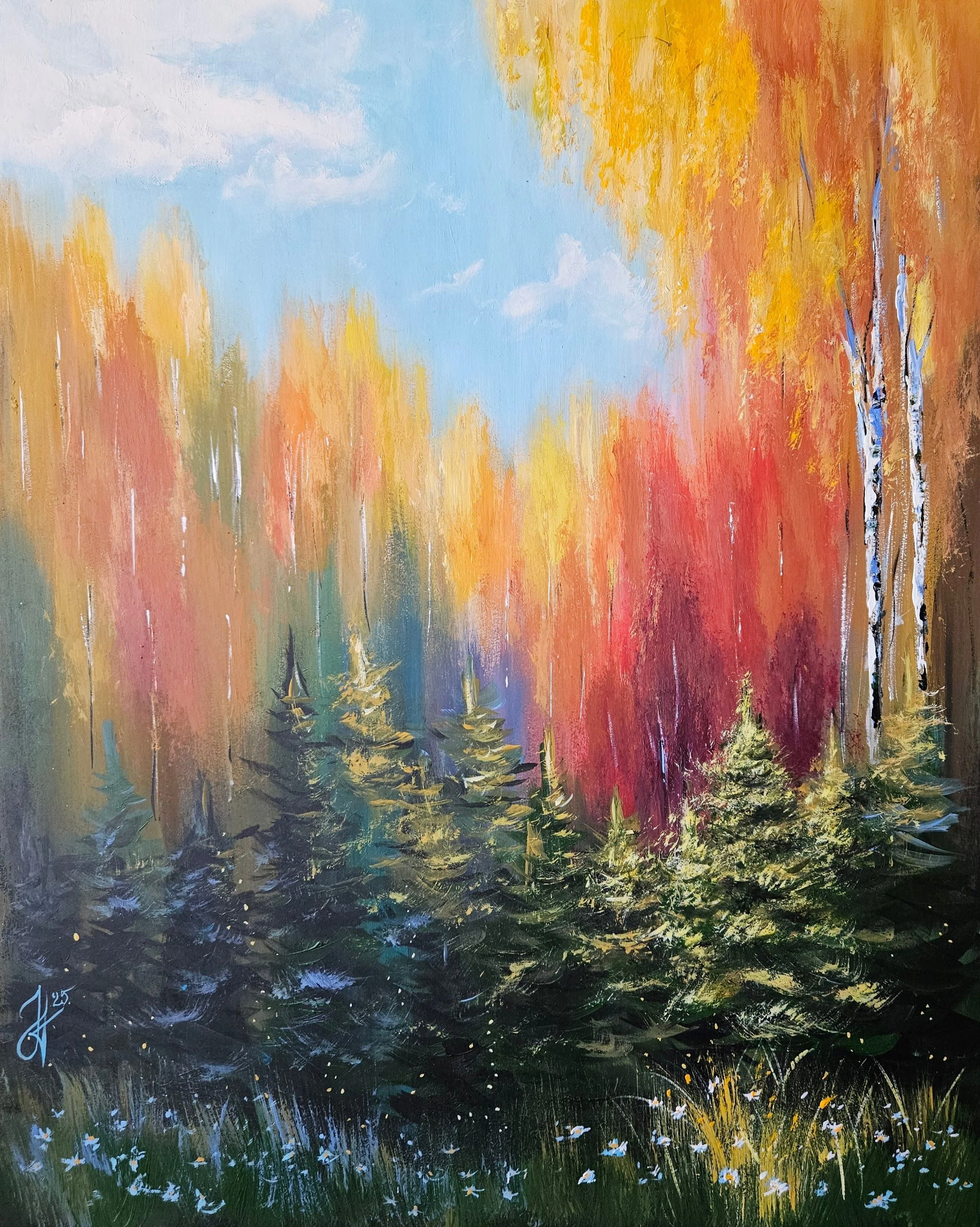 Ráno na lesnej čistinke. Brezy,  stromy, slnečné lúče, modrá obloha. Ručne maľovaný obraz na predaj.