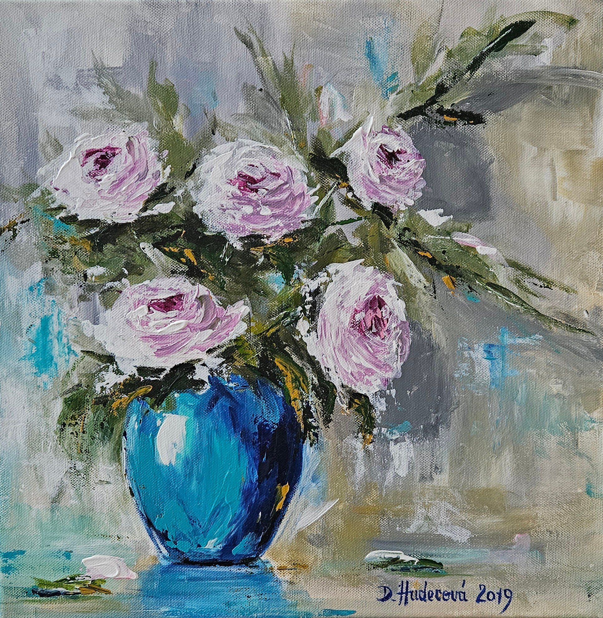 Biele ruže v tyrkysovej váze. Ručne maľovaný obraz na predaj.