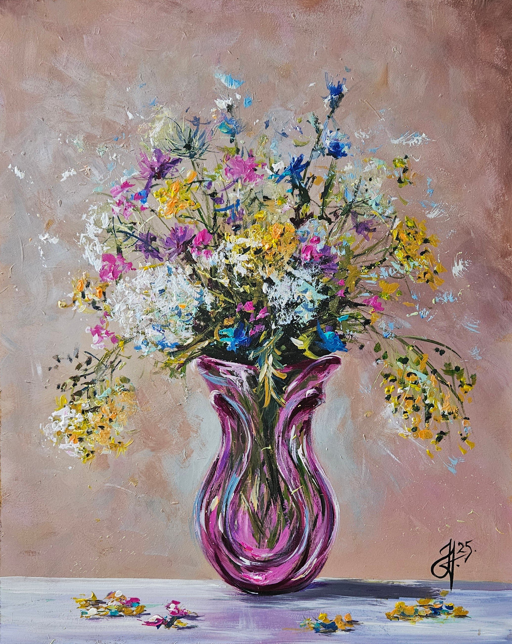 Lúčne kvety v sklenenej váze. Zátišie s kvetmi. Ručne maľovaný obraz na predaj.