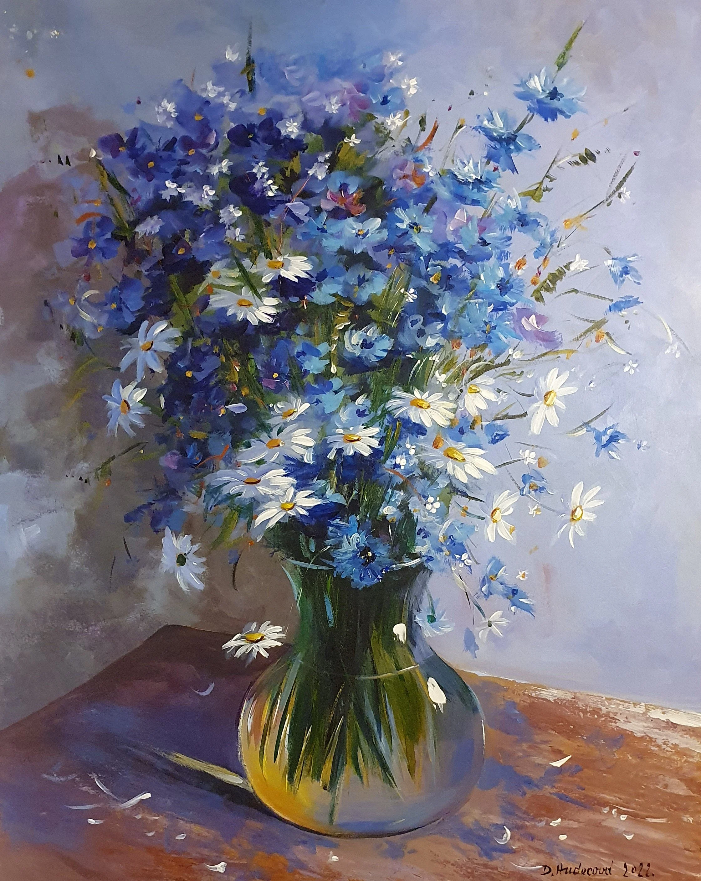 Letná kytica lúčnych kvetov. Zátišie s poľnými kvetmi vo váze. Ručne maľovaný obraz na predaj.