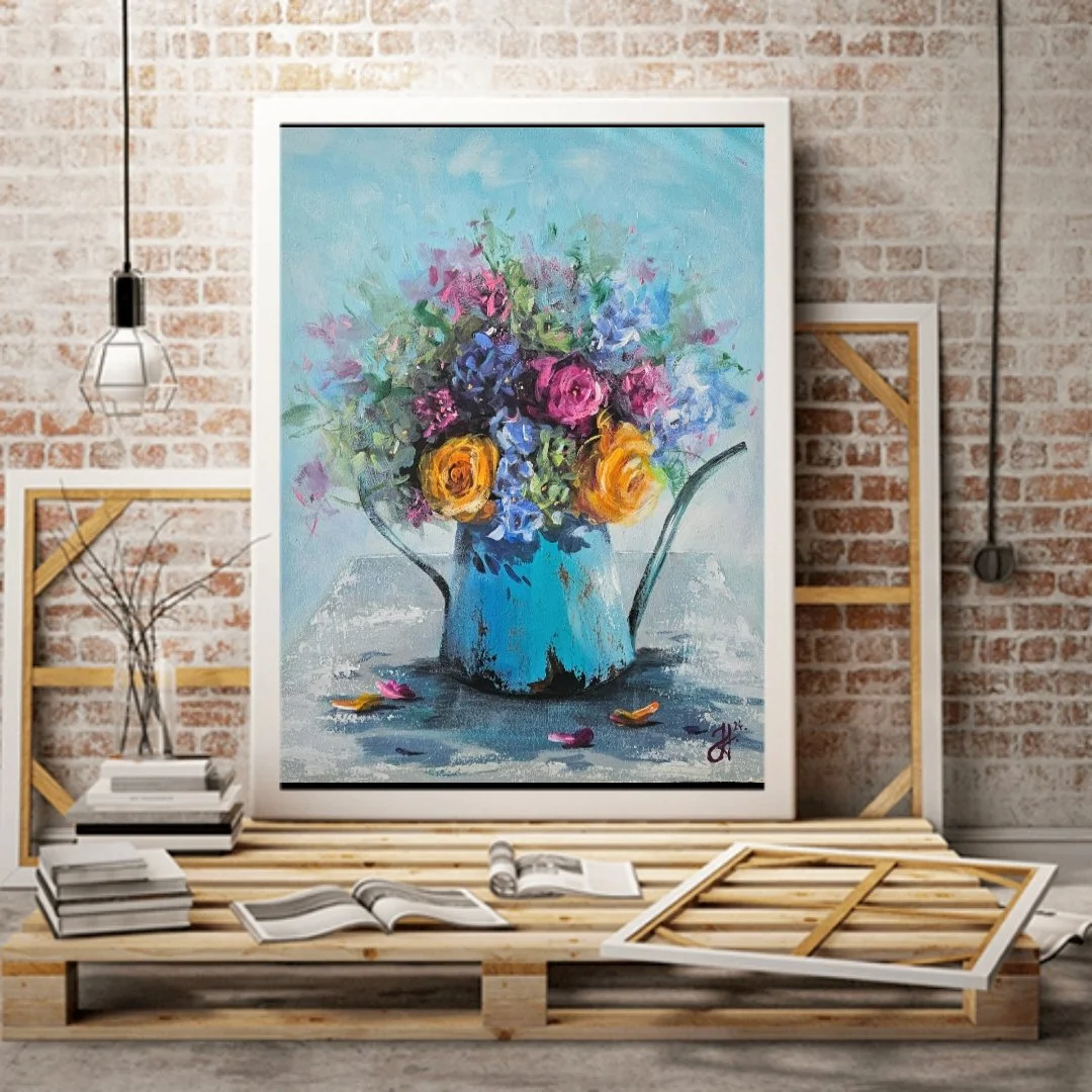 Ručne maľovaný obraz "Kvety v tyrkysovej konvičke". Vintage štýl. Zátišie s kvetmi.