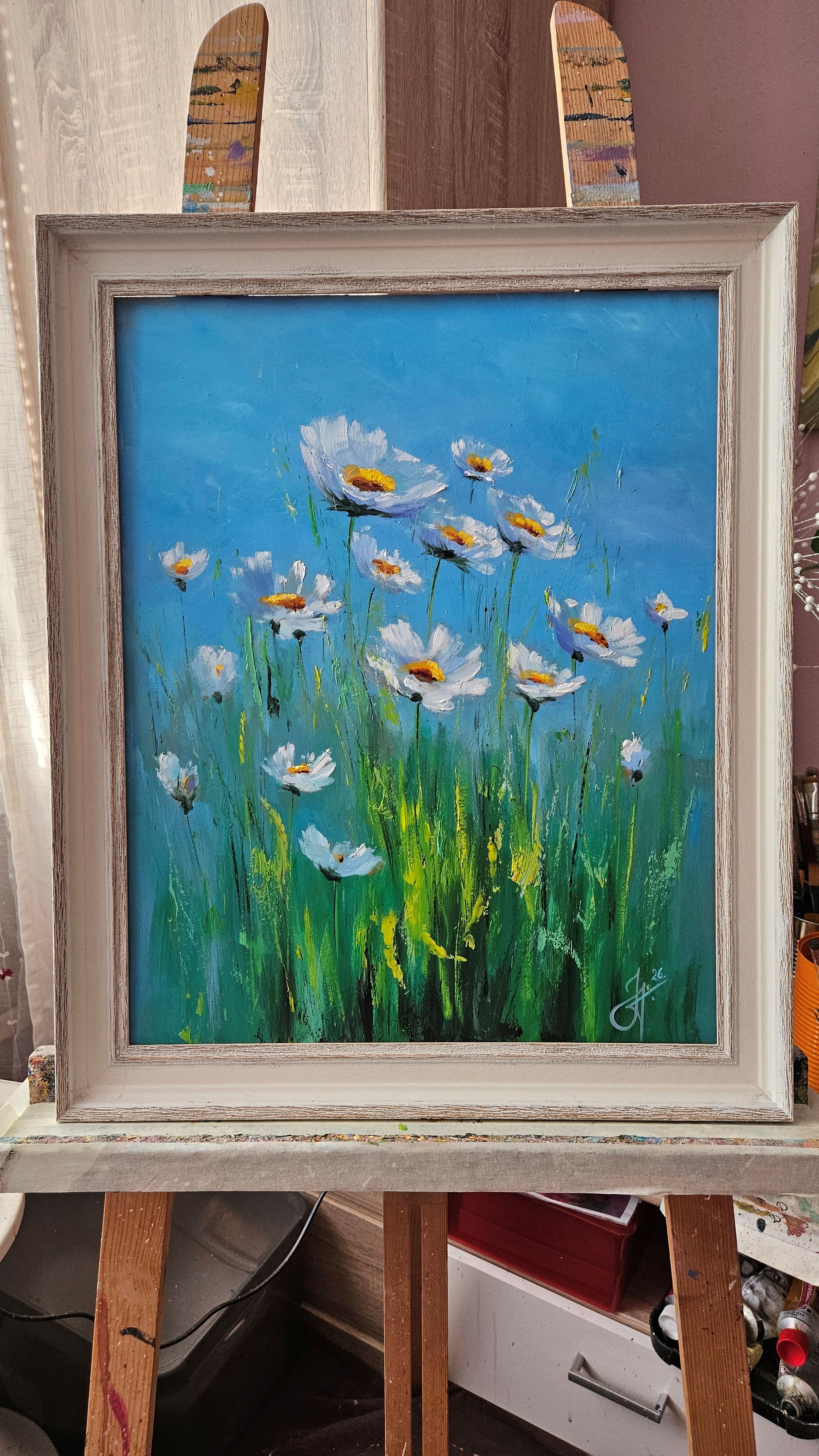 Margaréty na letnej lúke. Lúčne kvety. Ručne maľovaný obraz na predaj.