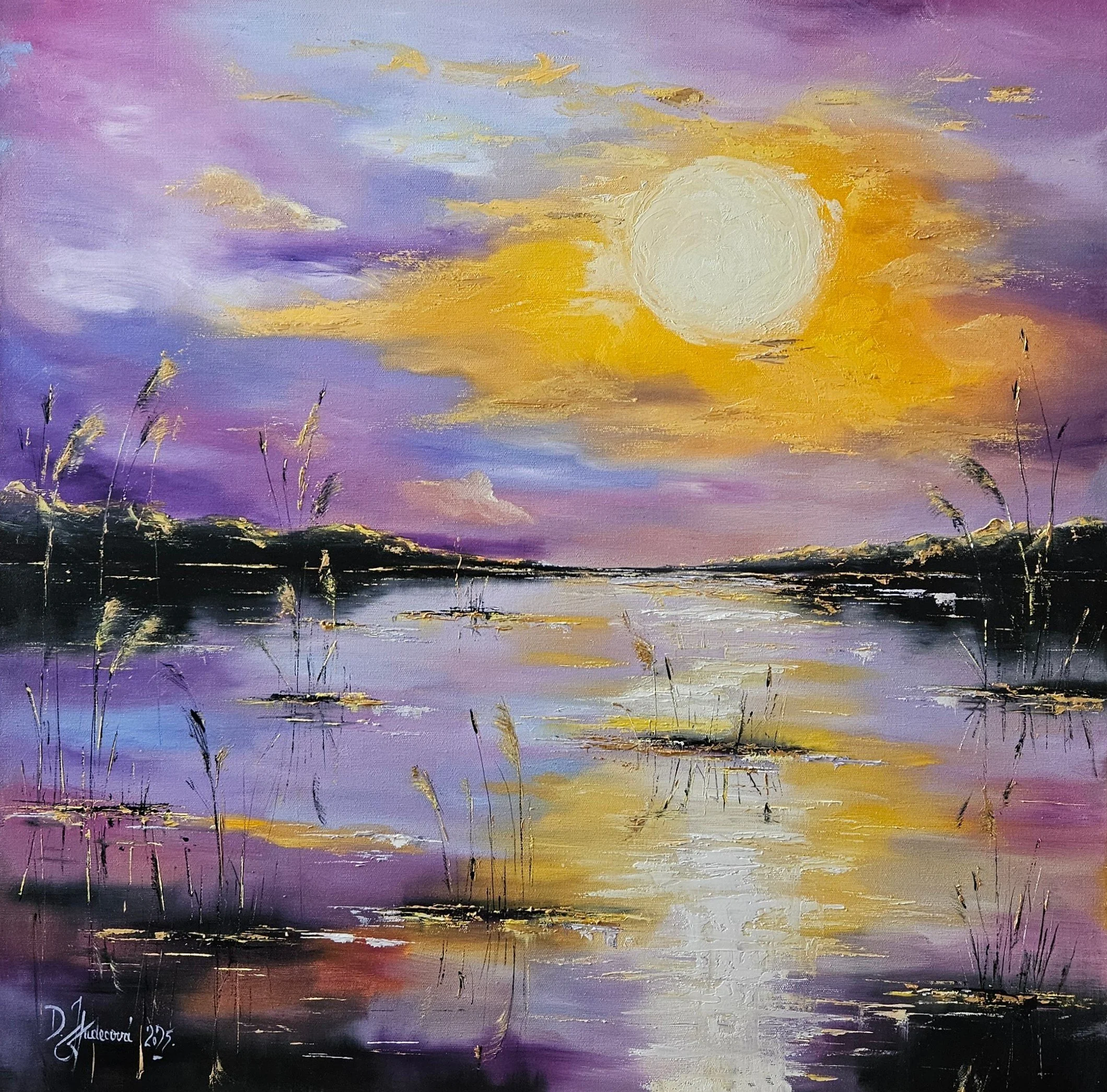 Fialový západ slnka v zálive. Príroda, voda, vodná tráva, zlaté odlesky. Ručne maľovaný obraz na predaj. 