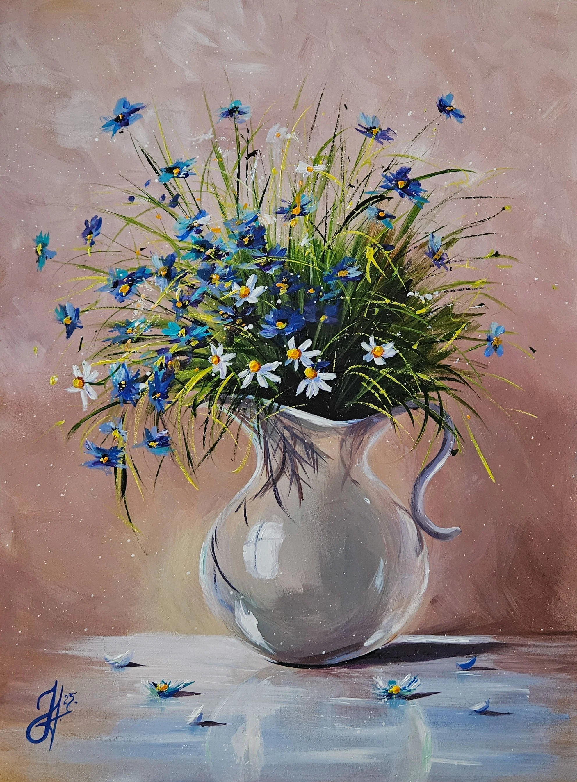 Lúčne kvety v džbáne. Nevädze a margaréty. Zátišie s kvetmi. Ručne maľovaný obraz na predaj.