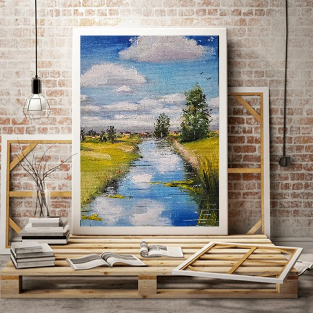 Letný deň v prírode pri vode. Lúky, stromy, jazero. Ručne maľovaný obraz na predaj.