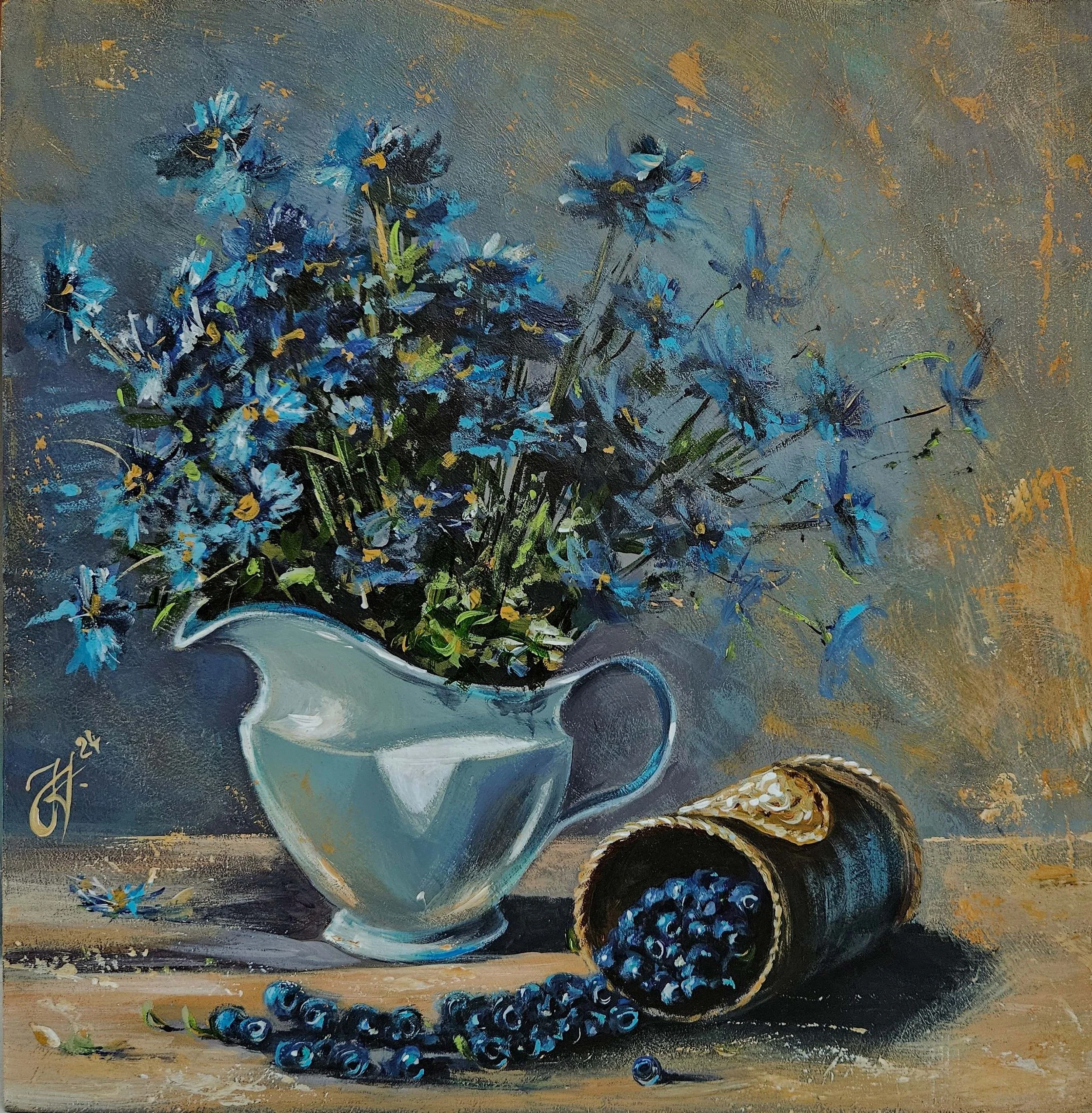 Zátišie s kvetmi. Nevädze a čučoriedky.