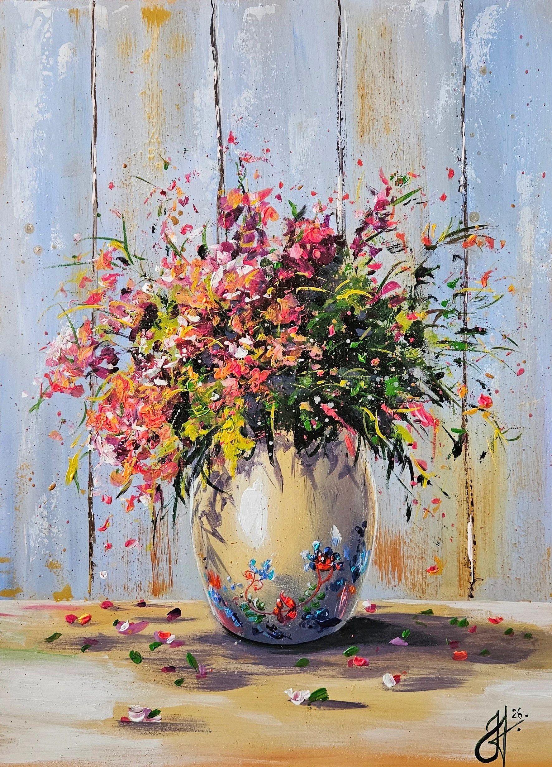 Lúčne kvety v maľovanom džbáne. Zátišie s kvetmi. Ručne maľovaný vintage obraz na predaj.