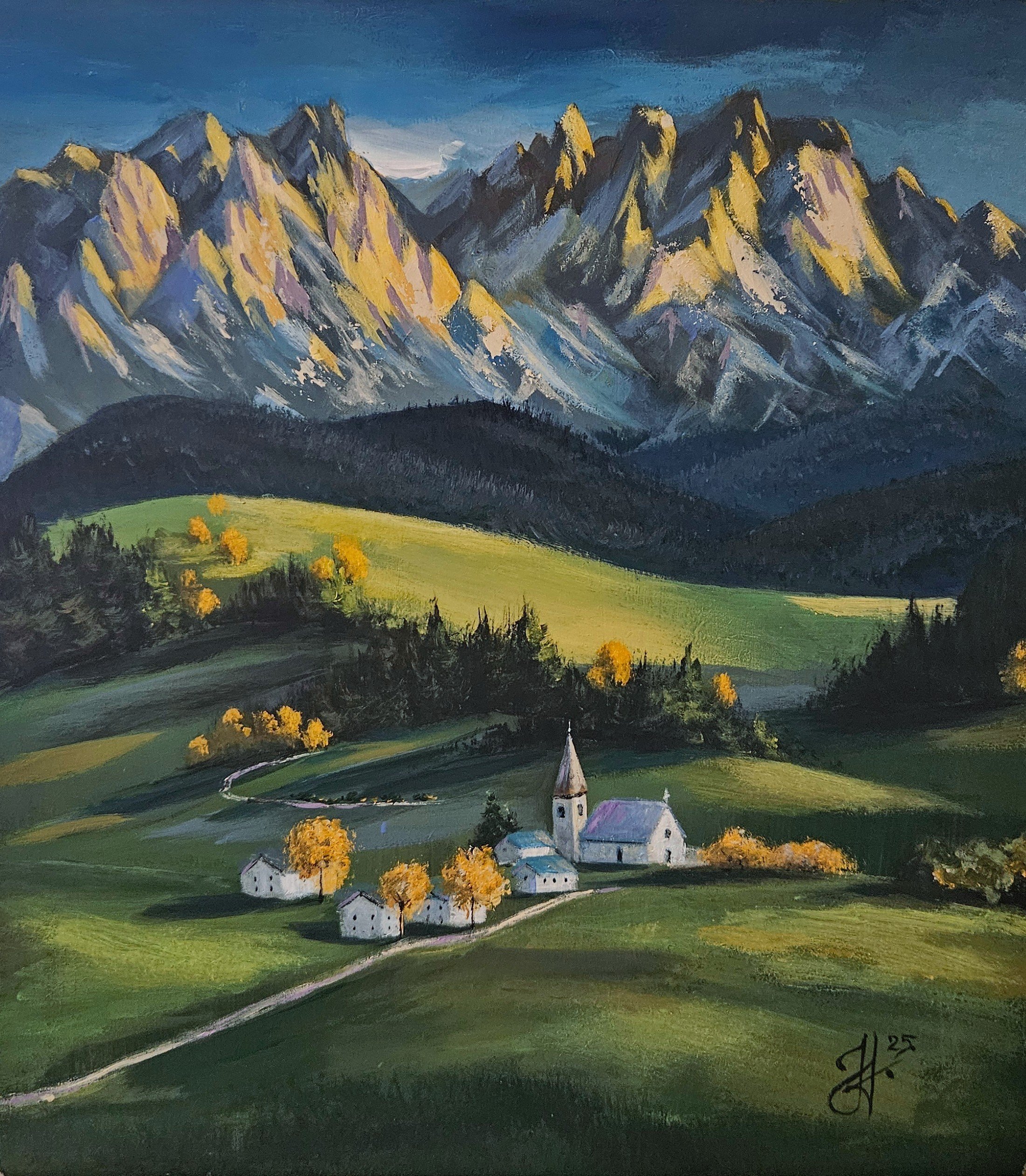 Kostolík v Dolomitoch. Leto, príroda, kostol, údolie, hory. Ručne maľovaný obraz na predaj.