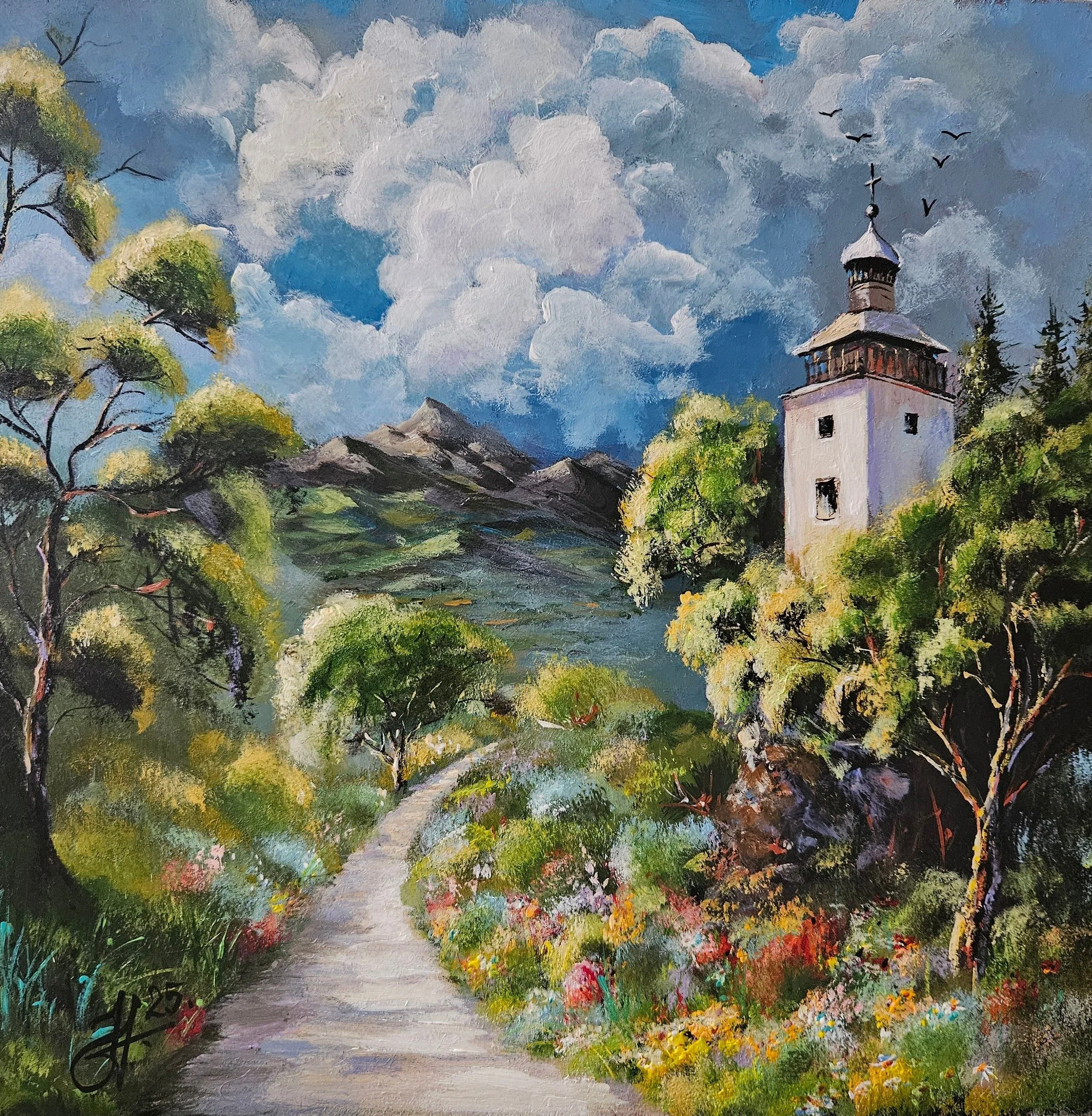 Zvonica uprostred letnej prírody.  Vidiek s historickou stavbou. Ručne maľovaný obraz na predaj.