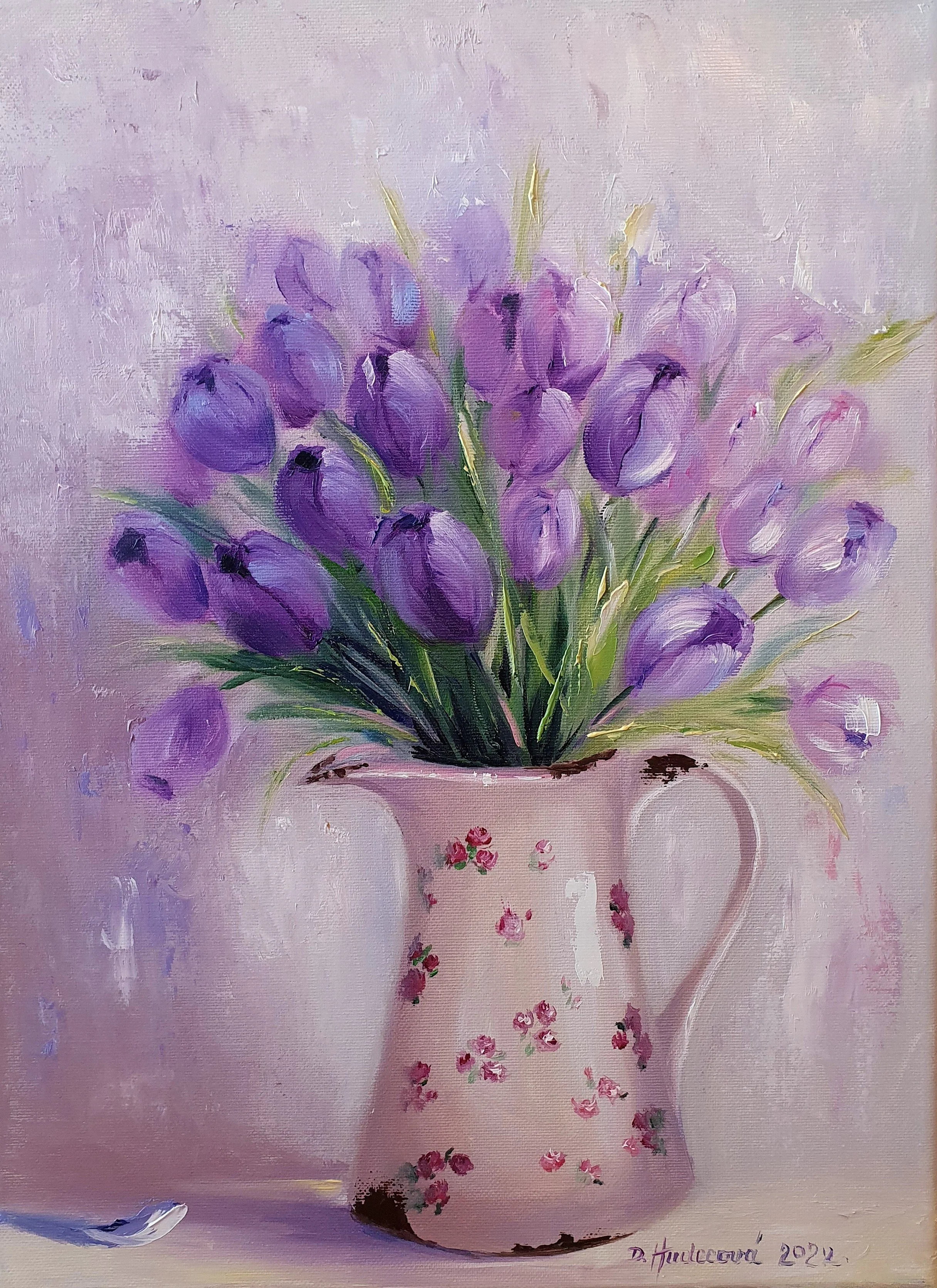 Olejomaľba "Fialové tulipány v džbáne" - rozmer 30x40 cm