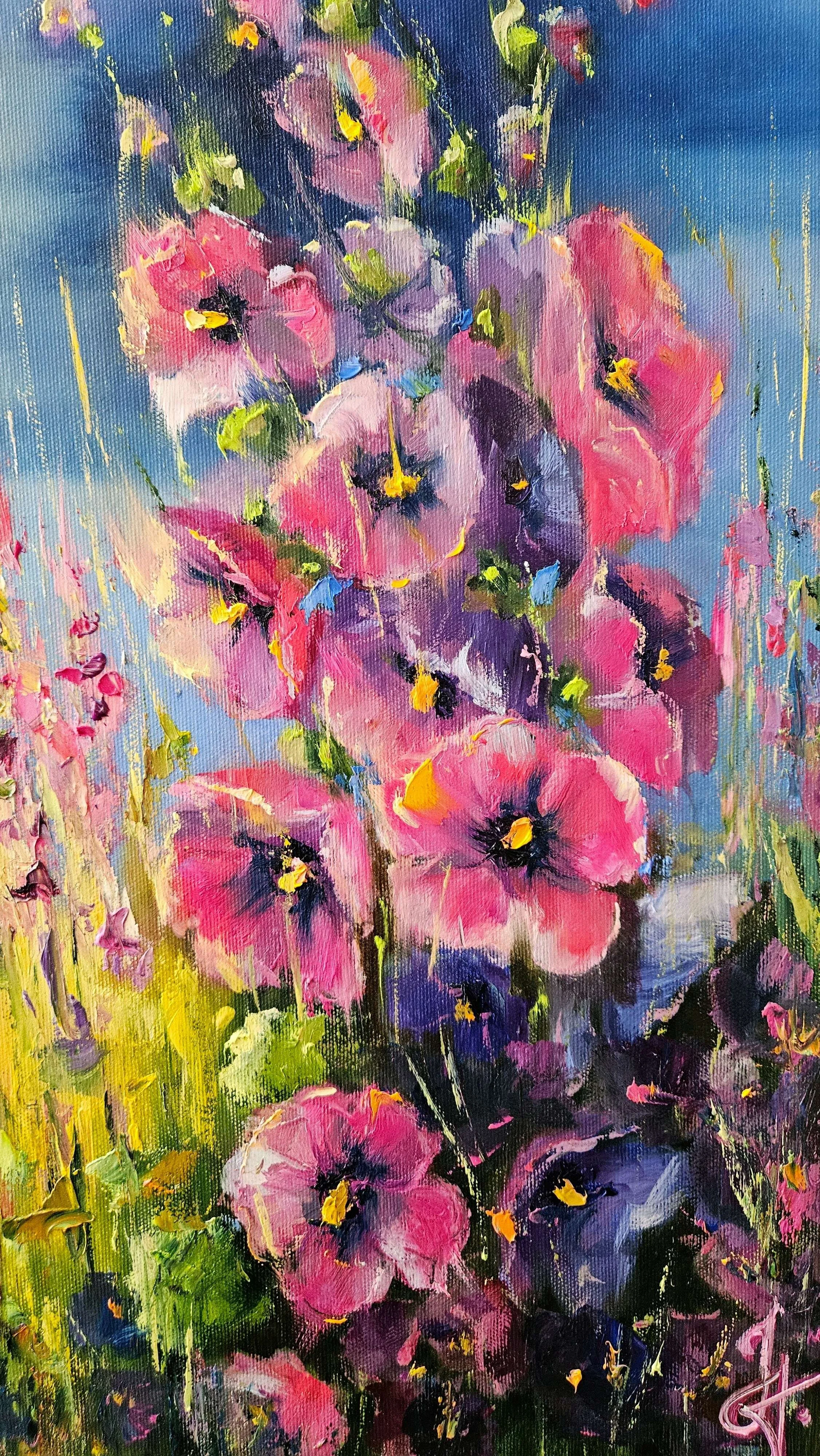 Topoľovky na  letnej lúke. Príroda a kvety v lete. Ručne maľovaný obraz na predaj.