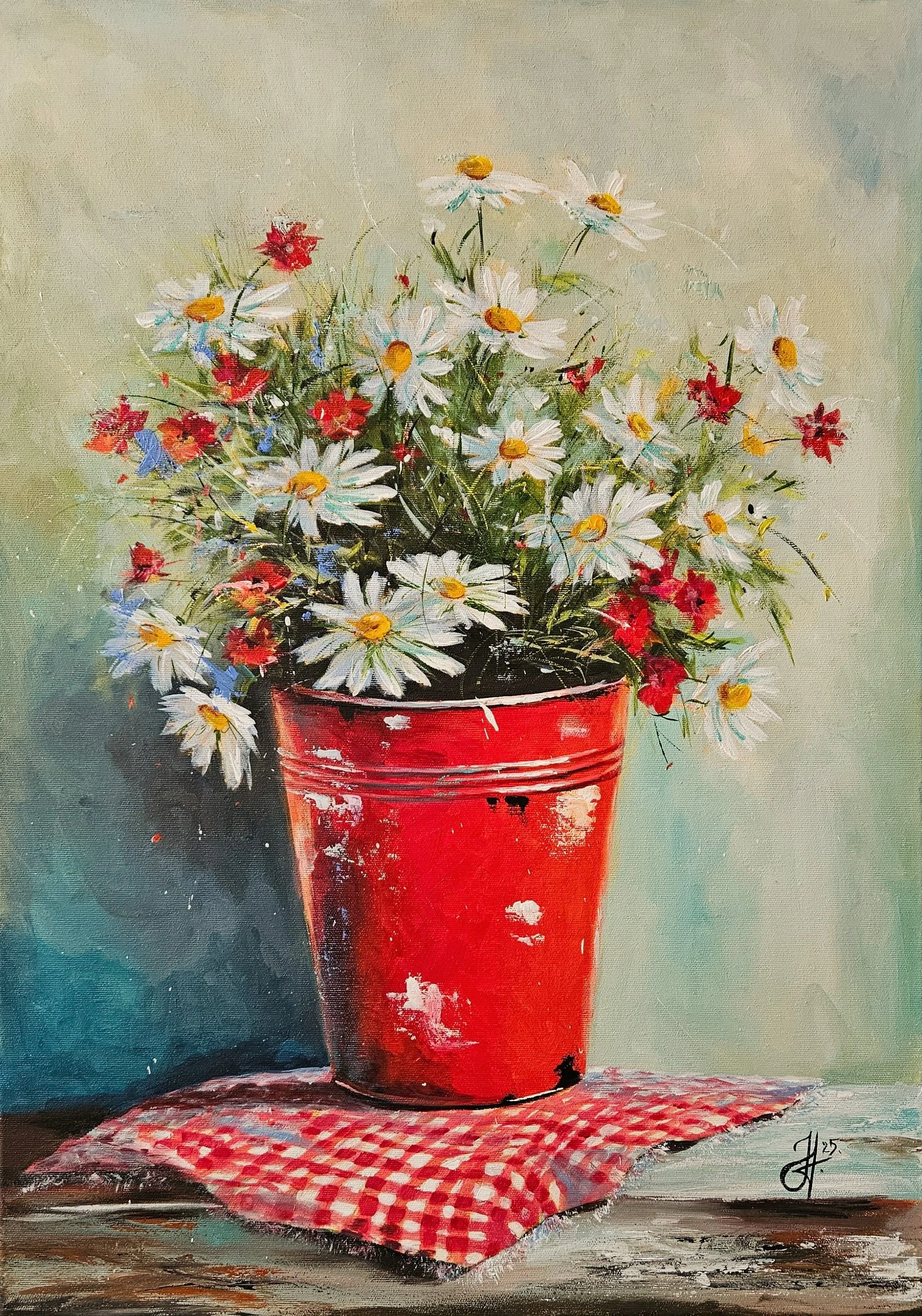 Lúčne kvety v červenom vedierku. Zátišie s kvetmi. Margaréty. Ručne maľovaný obraz na predaj.