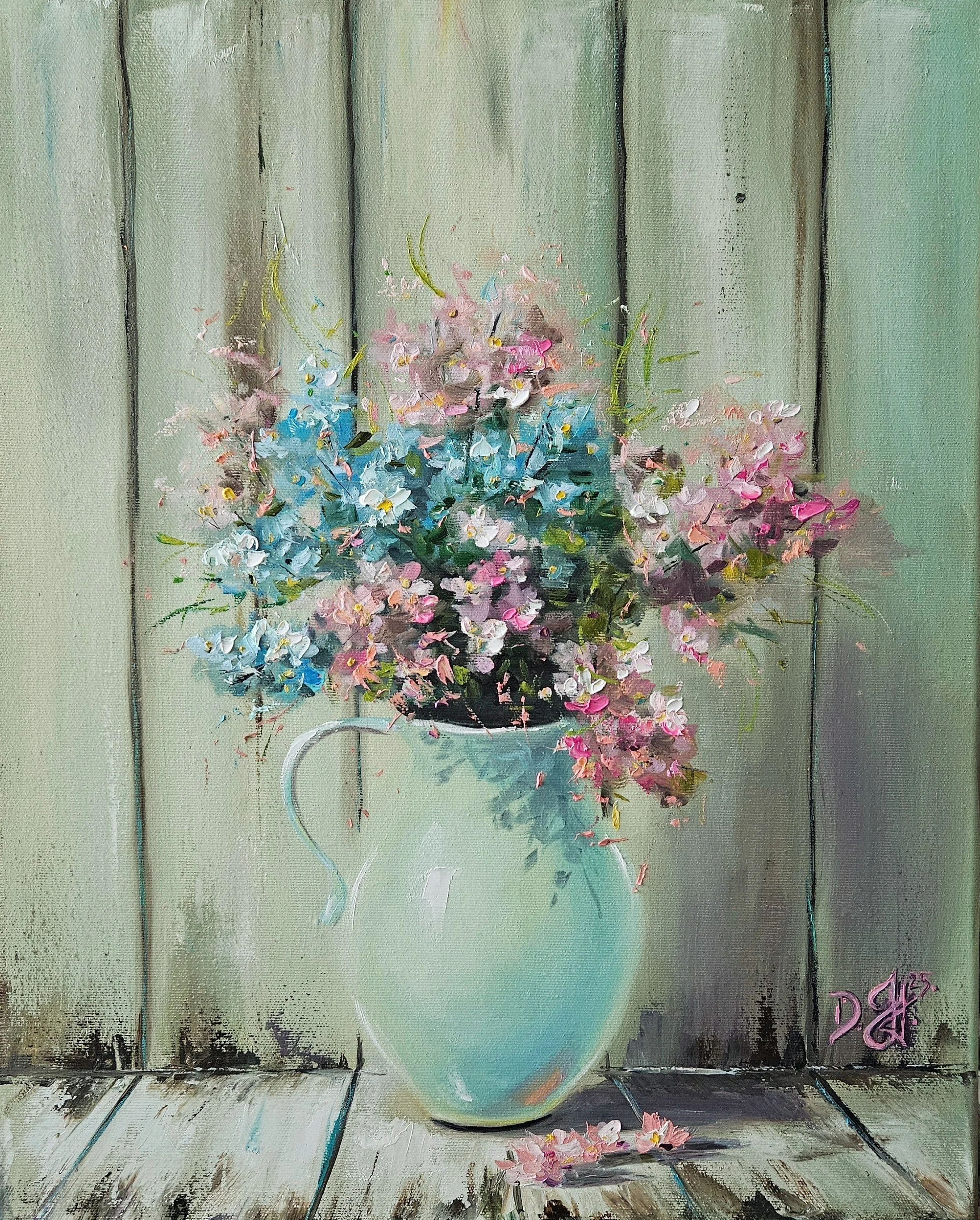 Modré a ružové nezábudky v tyrkysovom džbáne. Vintage obraz na chalupu. Ručne maľovaný obraz s lúčnymi kvietkami na predaj.