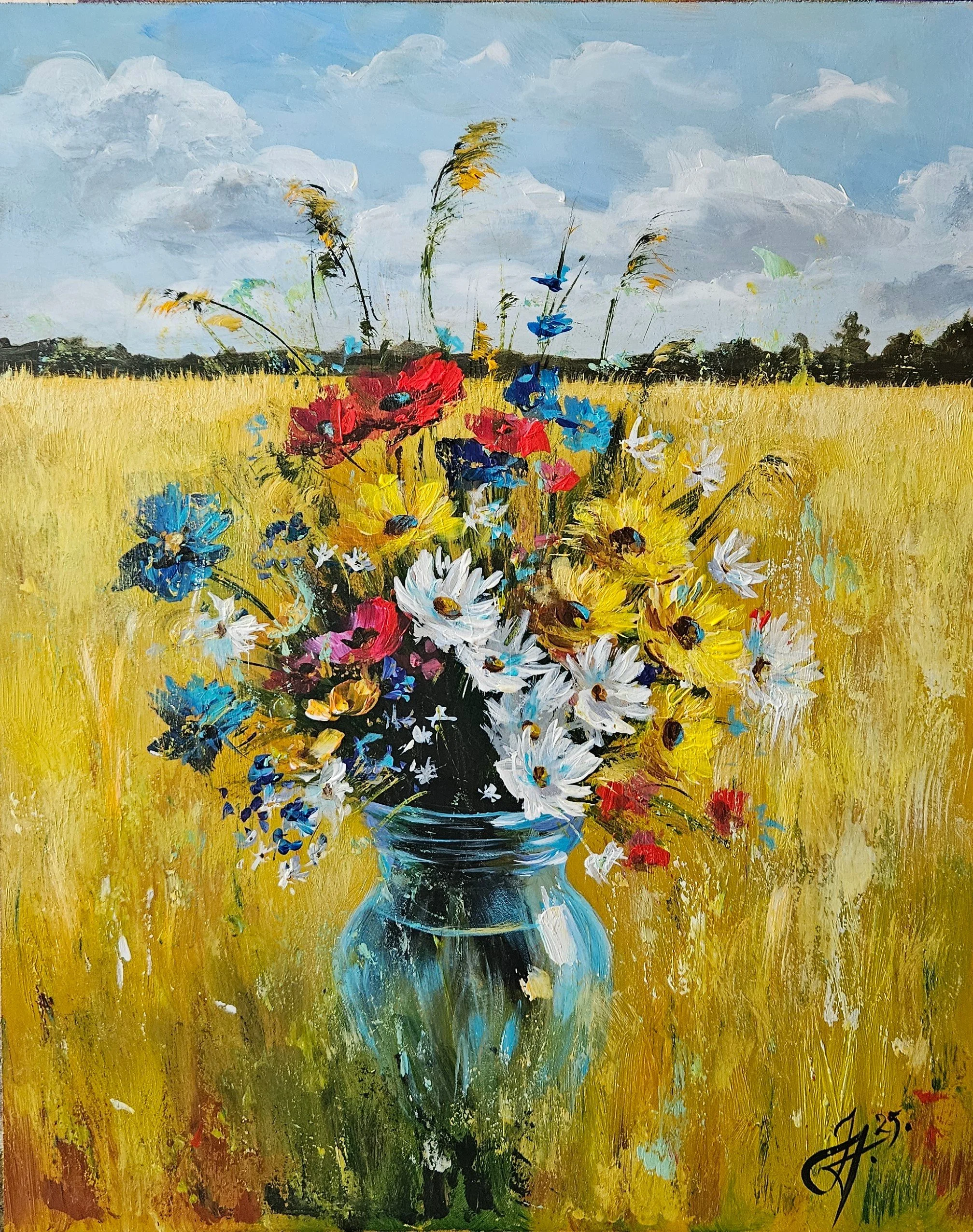 Lúčne kvety v pohári na poli. Letný slnečný deň, pole, kvety. Ručne maľovaný obraz na predaj.