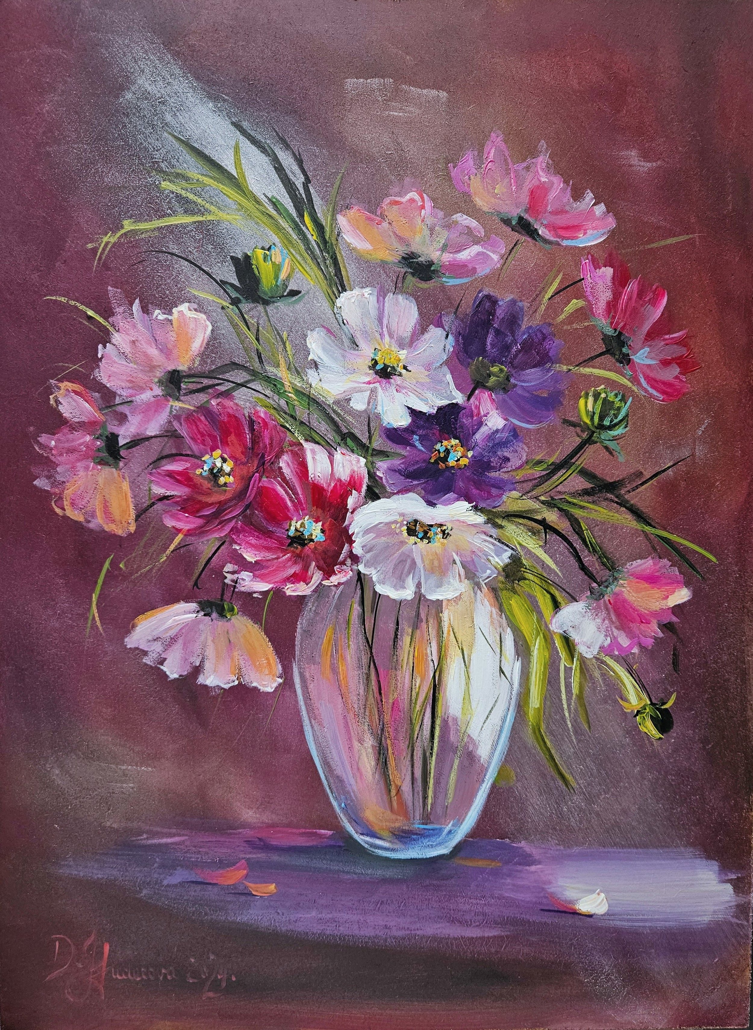 Farebné krasule vo váze. Zátišie s kvetmi. Ručne maľovaný obraz na predaj.
