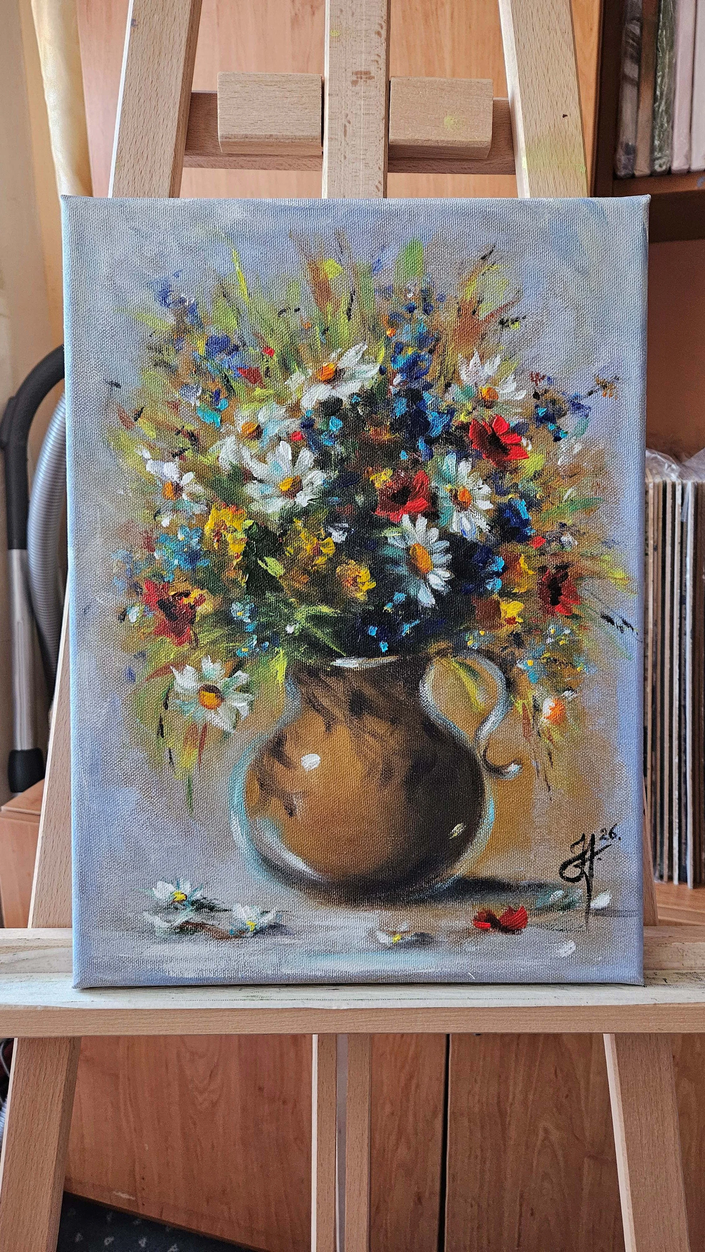 Lúčne kvety v džbáne. Zátišie s poľnými kvetmi. Ručne maľovaný obraz na predaj.